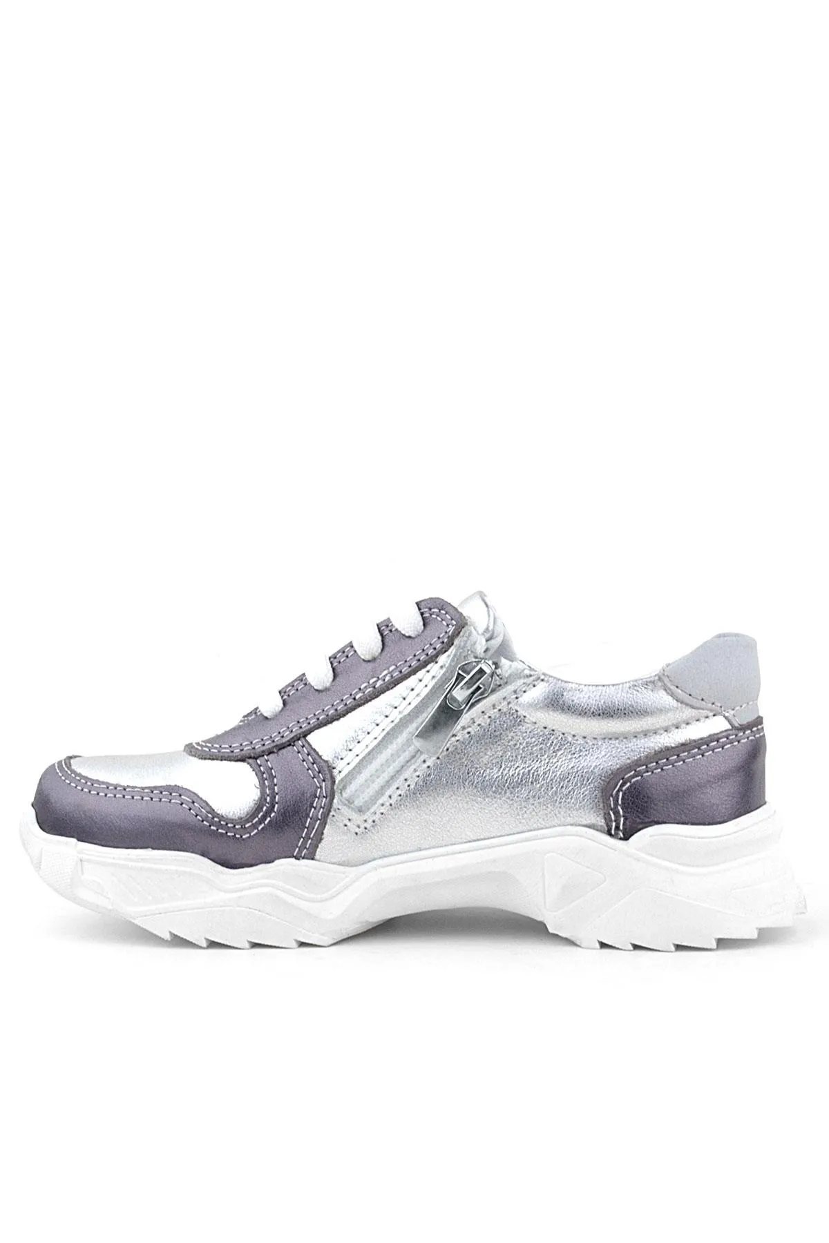 Hakiki Deri Platin Pembe Parlak Taşlı Kız Çocuk Sneakers Ayakkabı