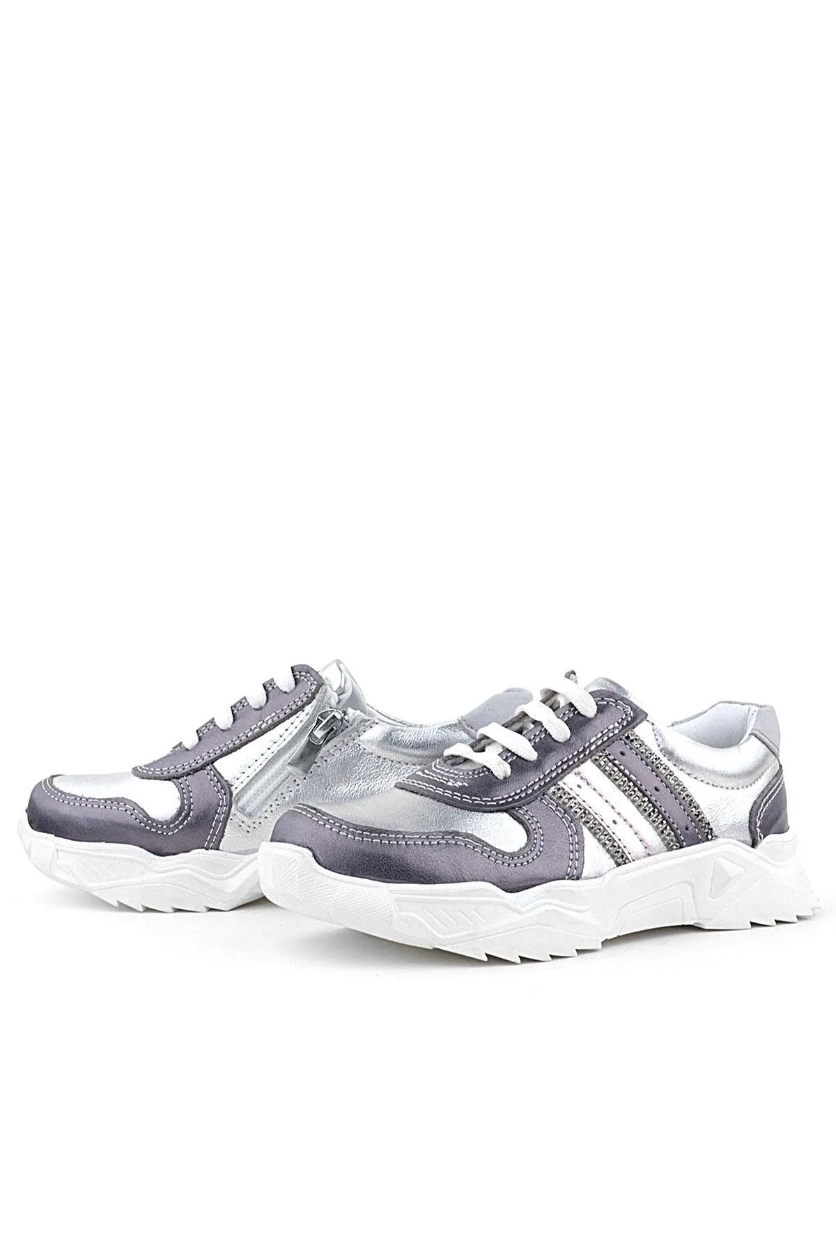 Hakiki Deri Platin Pembe Parlak Taşlı Kız Çocuk Sneakers Ayakkabı