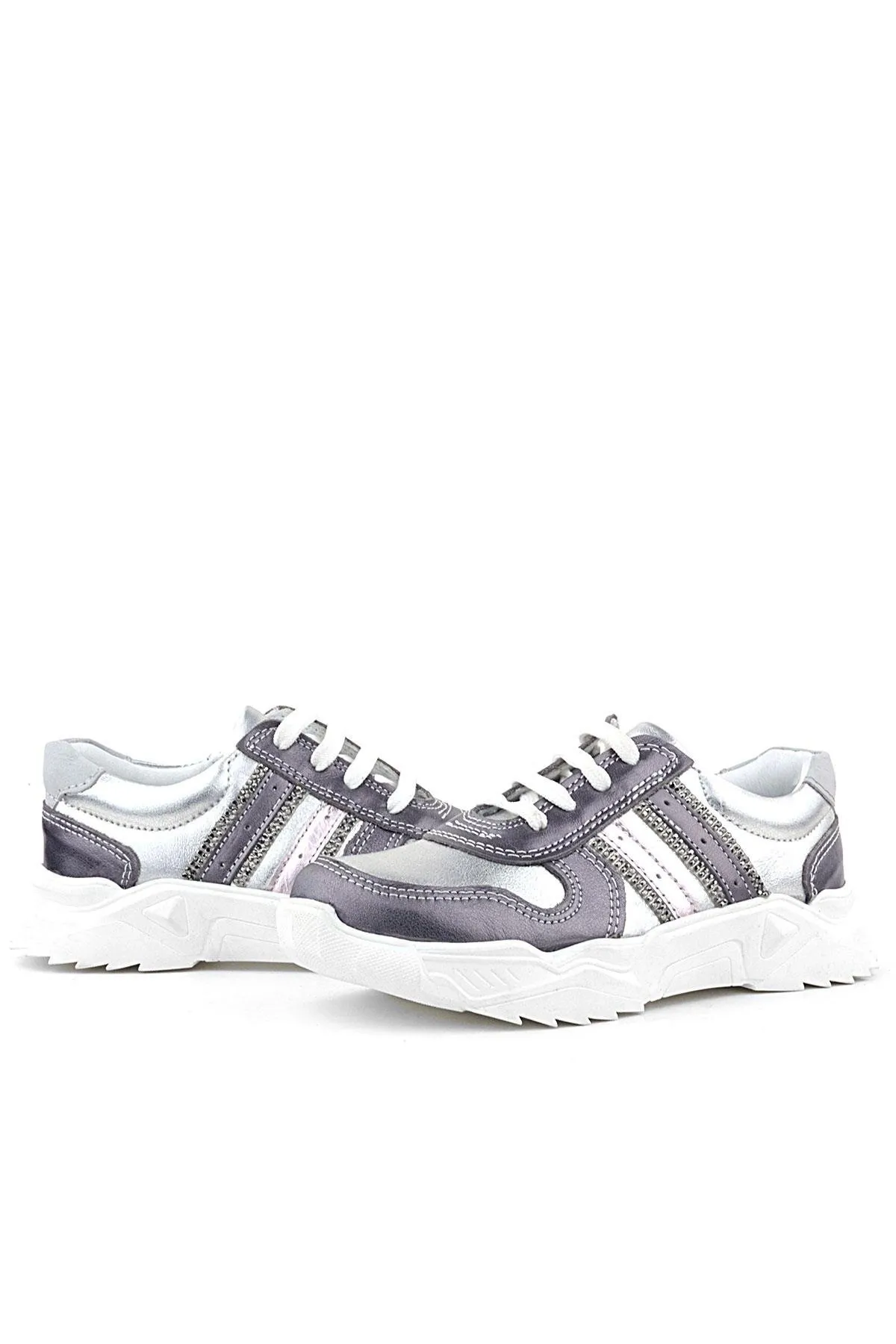 Hakiki Deri Platin Pembe Parlak Taşlı Kız Çocuk Sneakers Ayakkabı