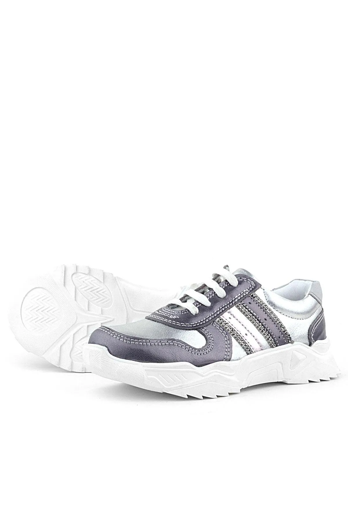 Hakiki Deri Platin Pembe Parlak Taşlı Kız Çocuk Sneakers Ayakkabı