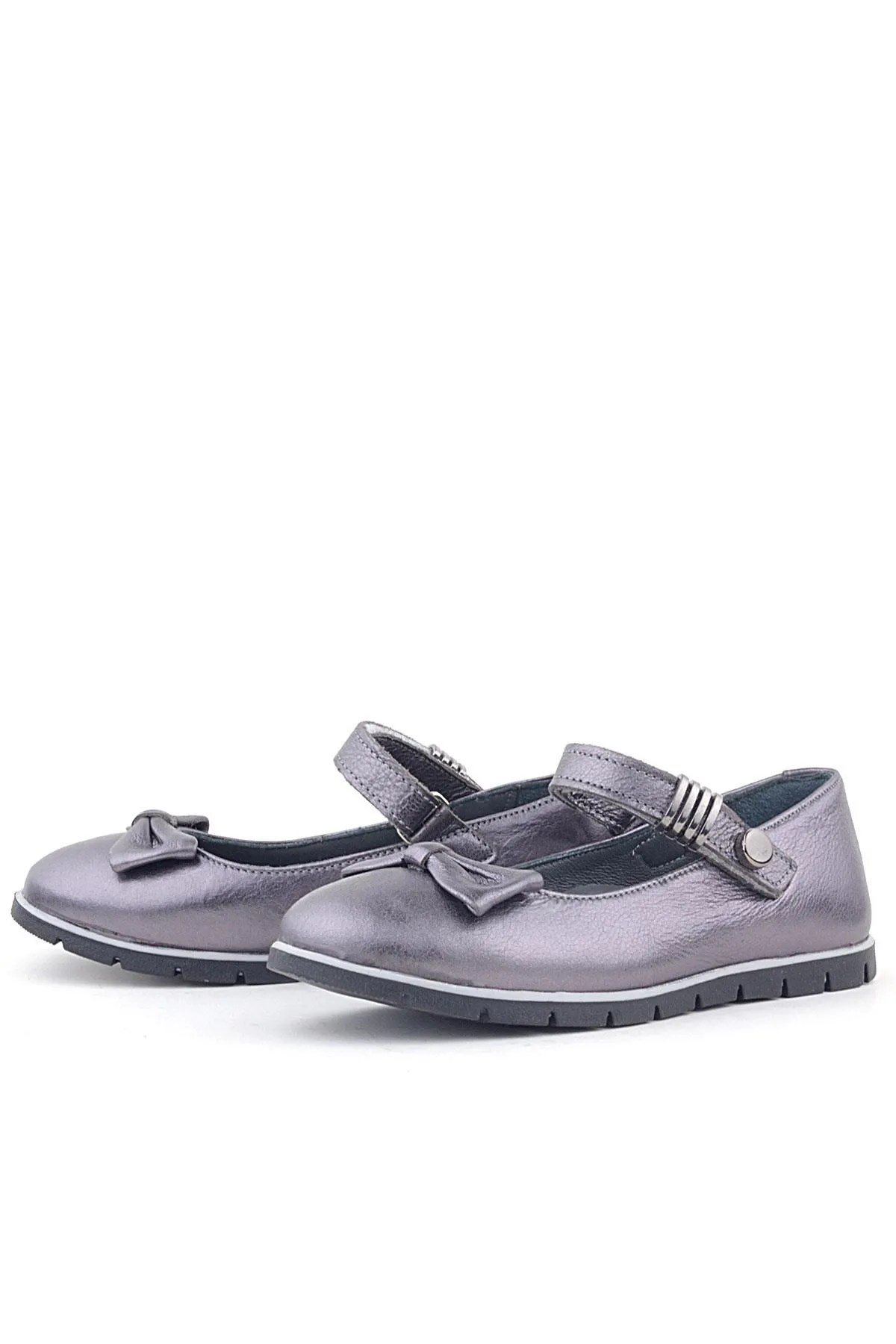 Hakiki Deri Platin Toka Detaylı Cırtlı Kız Çocuk Babet Ayakkabı