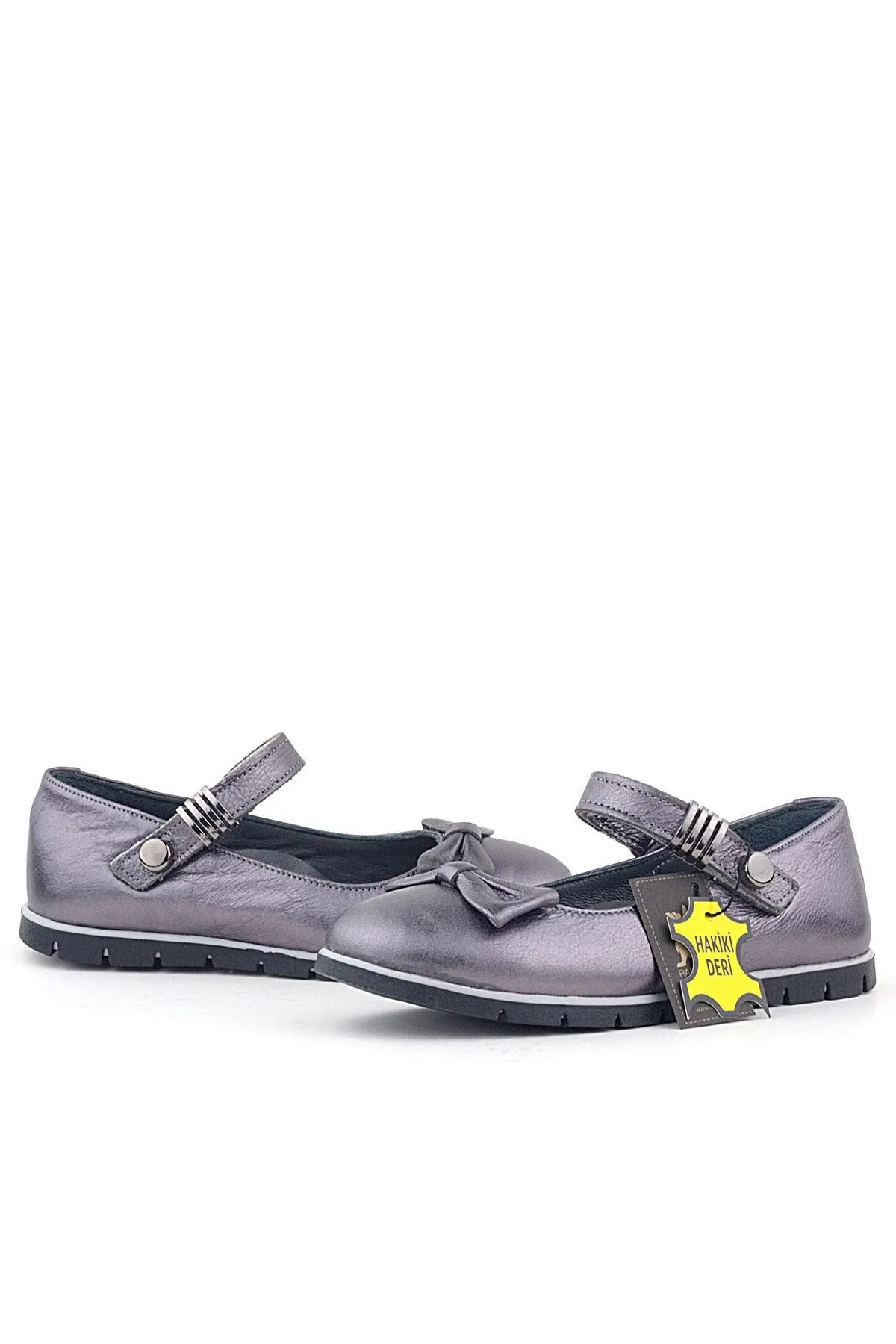 Hakiki Deri Platin Toka Detaylı Cırtlı Kız Çocuk Babet Ayakkabı