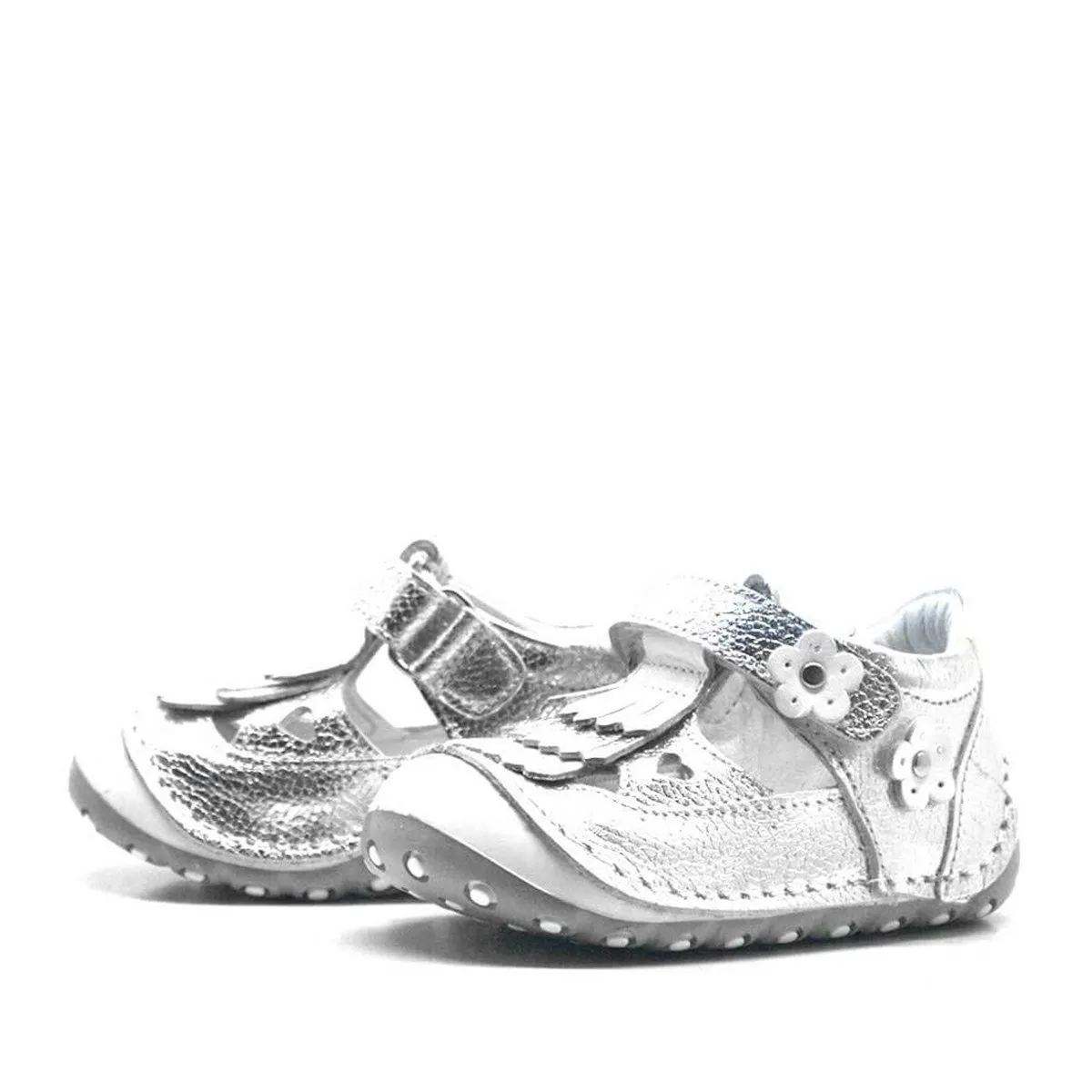 Hakiki Deri Püsküllü Gümüş Cırtlı Yazlık İlk Adım Ayakkabı
