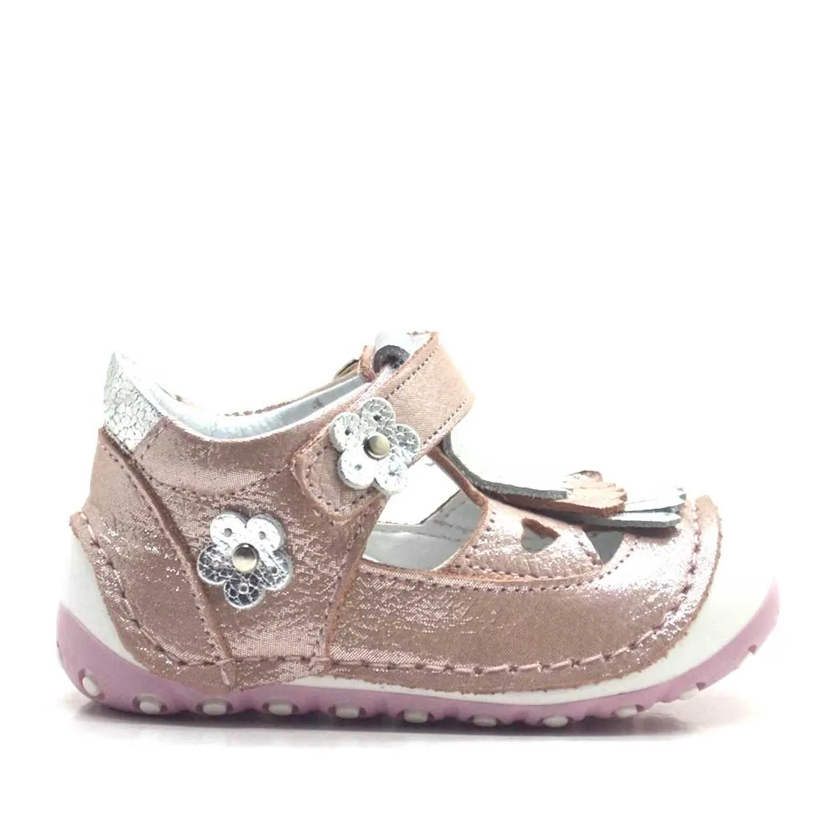 Hakiki Deri Püsküllü Pembe Cırtlı Yazlık İlk Adım Ayakkabı