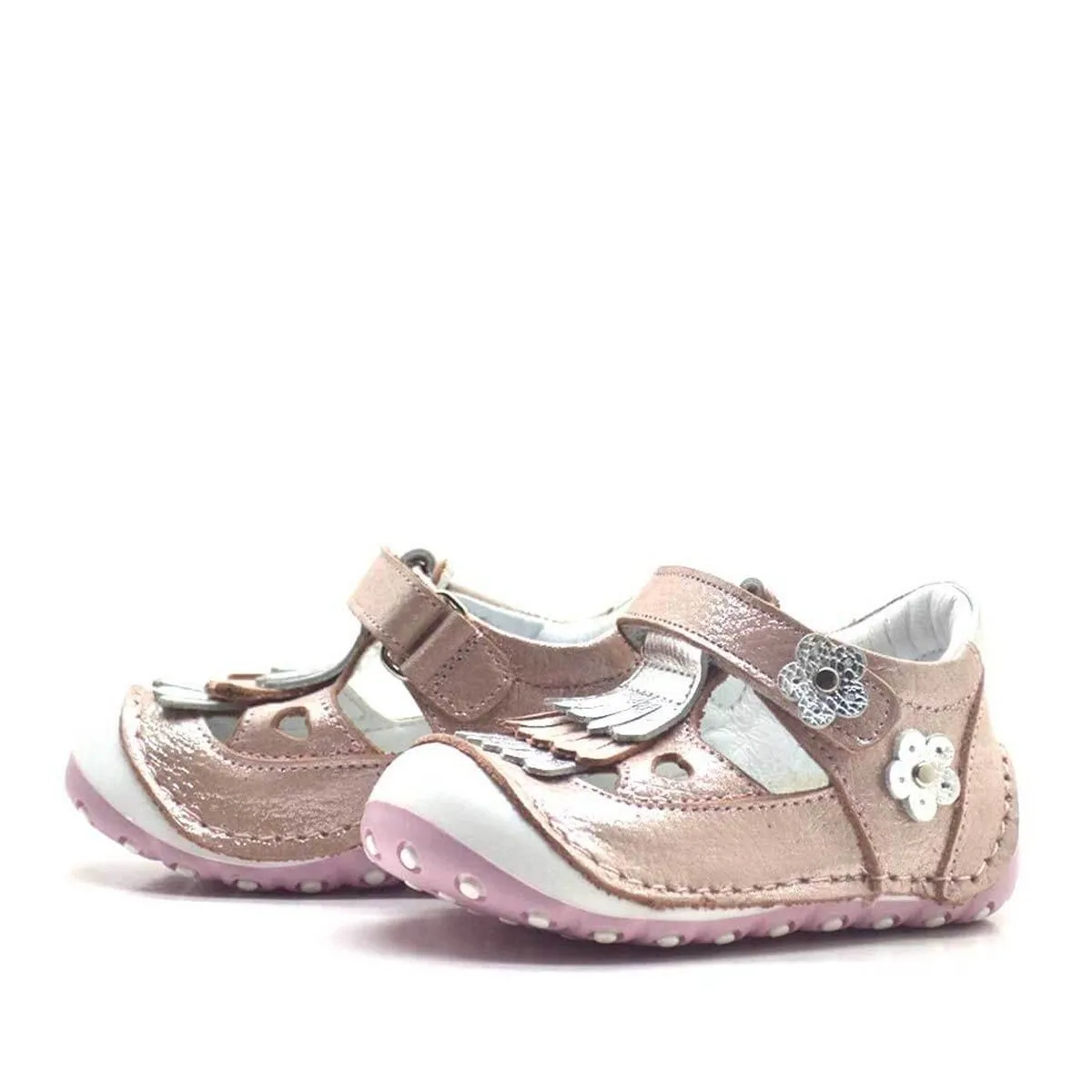 Hakiki Deri Püsküllü Pembe Cırtlı Yazlık İlk Adım Ayakkabı