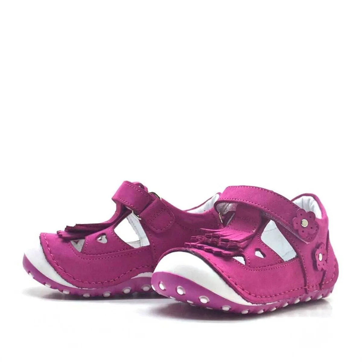 Hakiki Deri Püsküllü Pembe Cırtlı Yazlık İlk Adım Ayakkabı