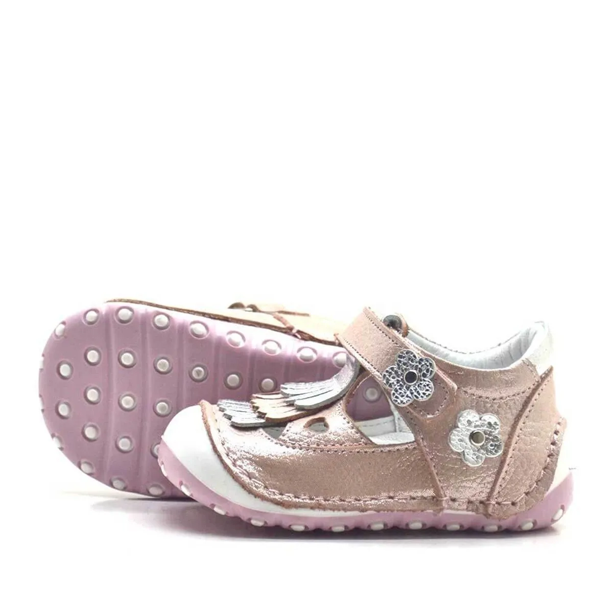 Hakiki Deri Püsküllü Pembe Cırtlı Yazlık İlk Adım Ayakkabı