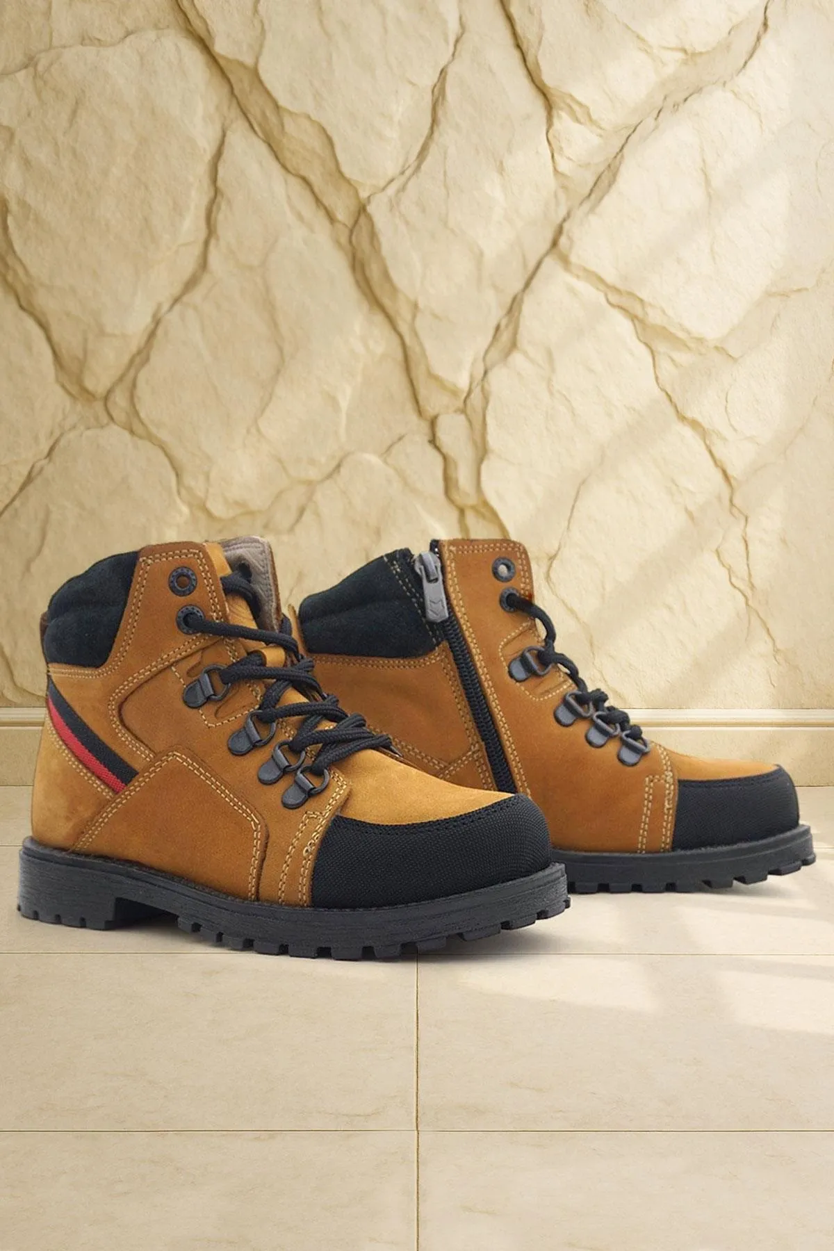 Hakiki Deri Sarı Bağcıklı Fermuarlı Çocuk Bot