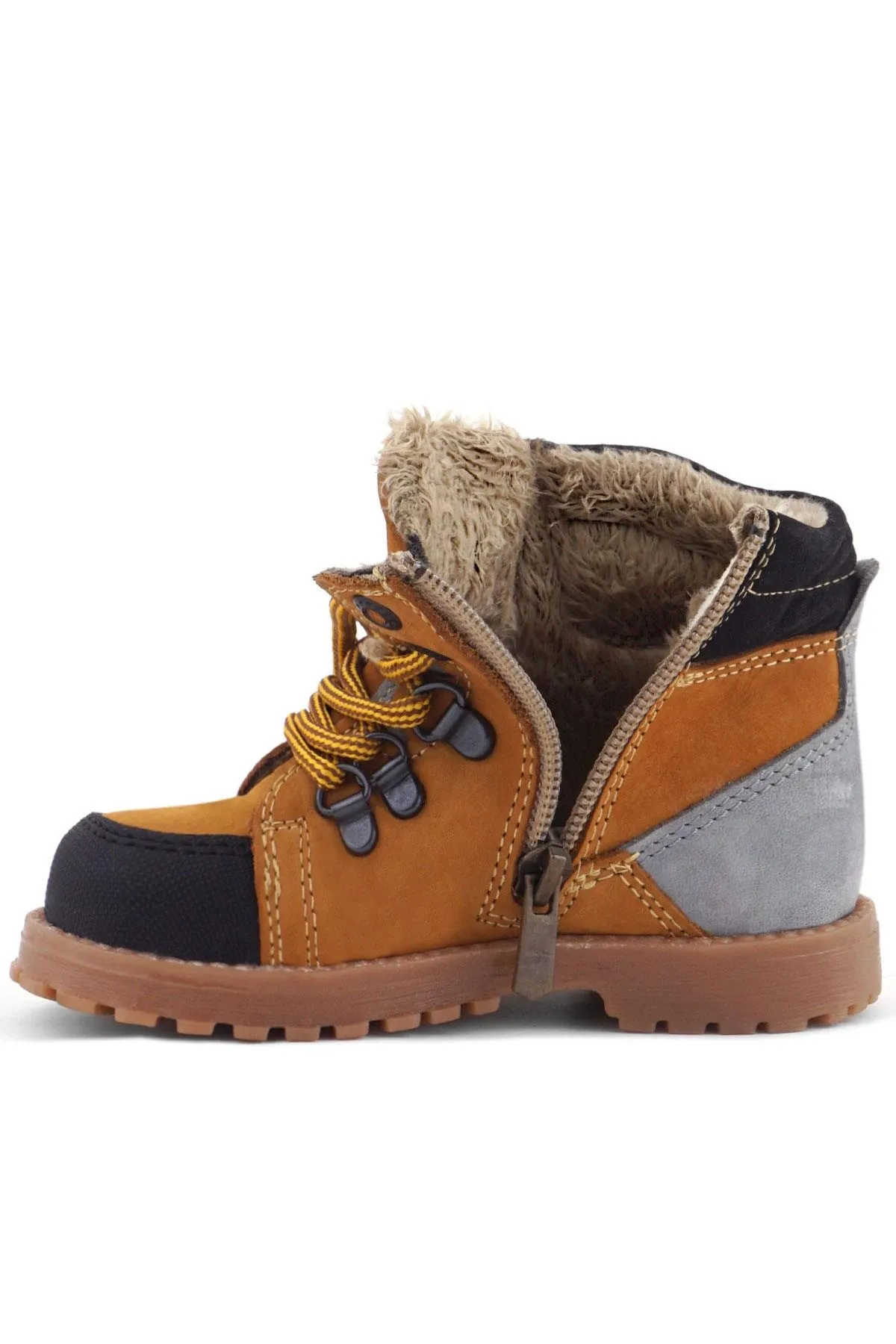 Hakiki Deri Sarı Gri Bağcıklı Fermuarlı Çocuk Bot