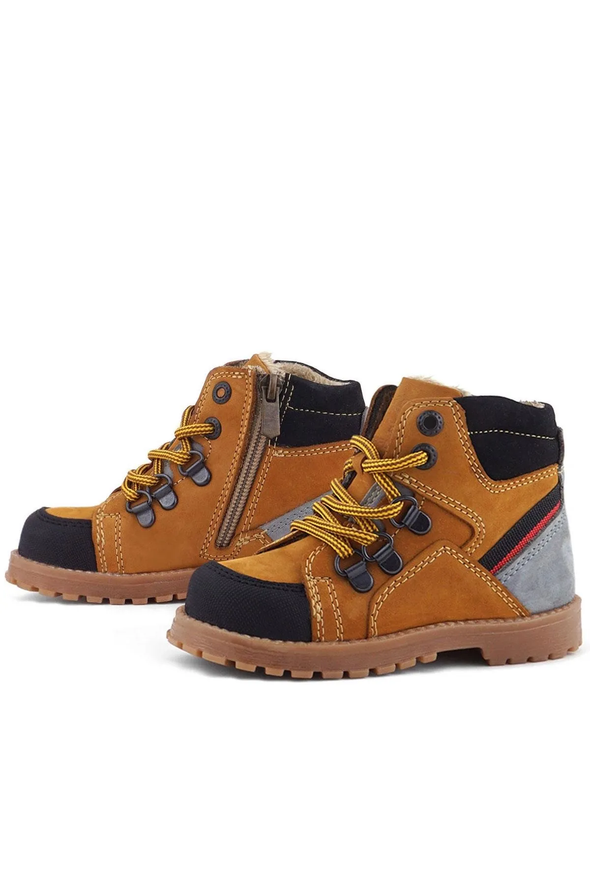 Hakiki Deri Sarı Gri Bağcıklı Fermuarlı Çocuk Bot