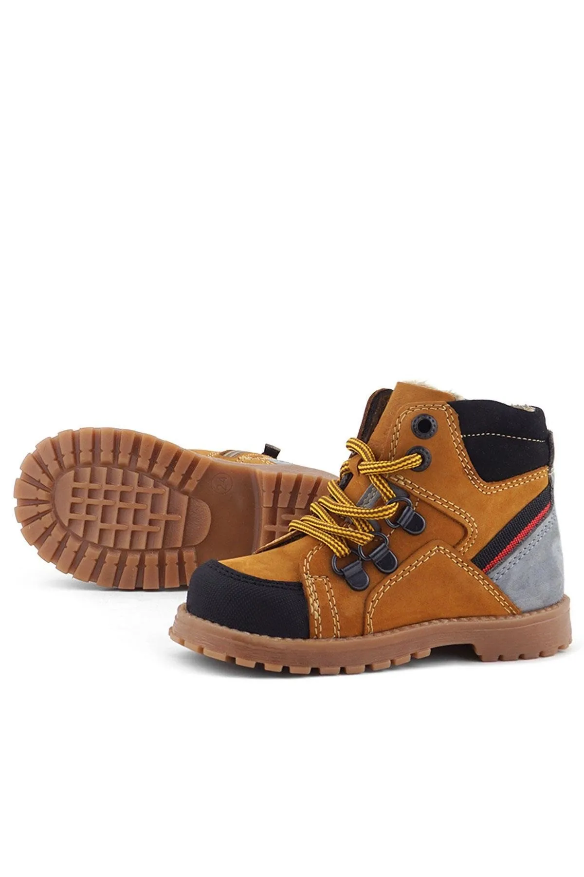 Hakiki Deri Sarı Gri Bağcıklı Fermuarlı Çocuk Bot