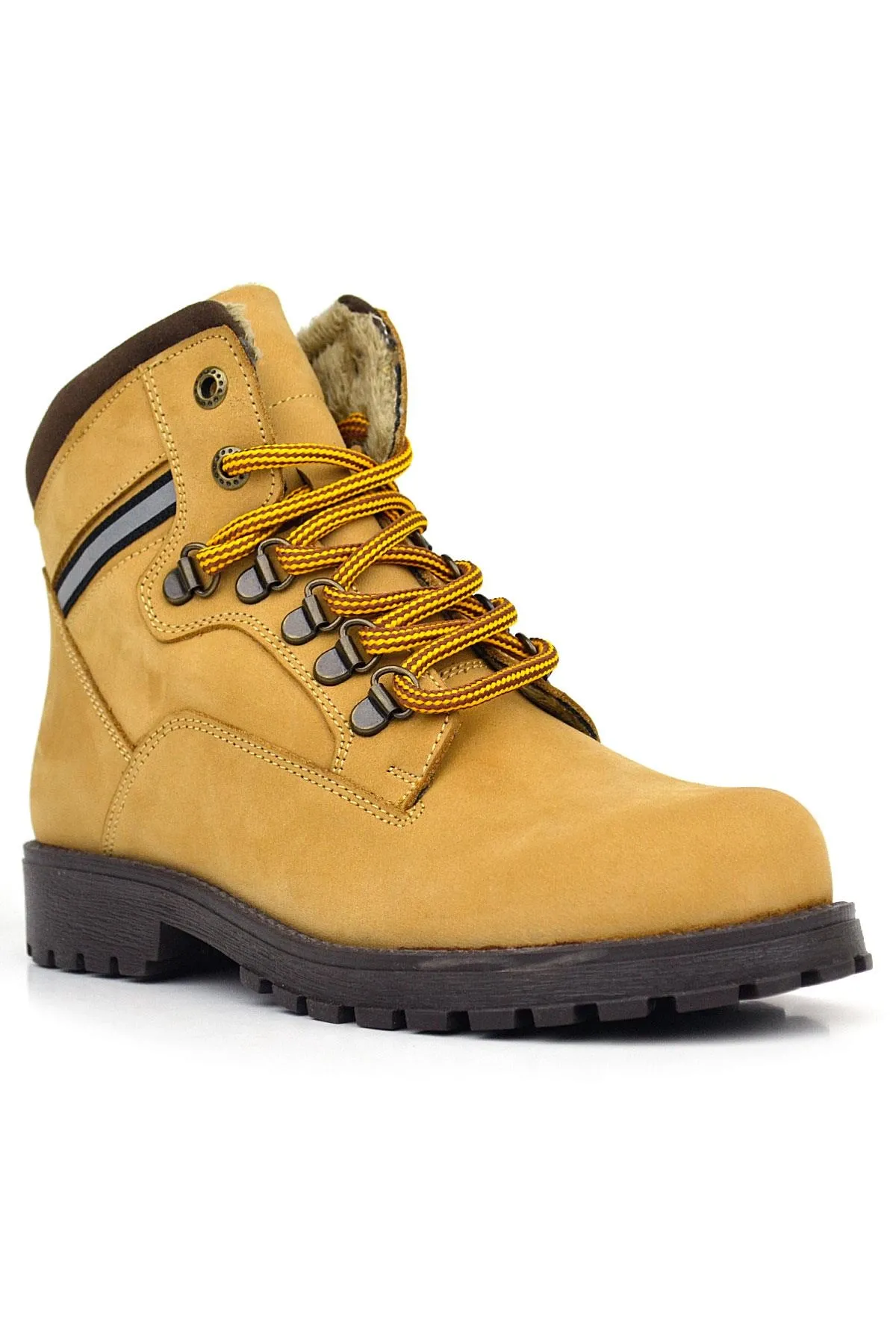 Hakiki Deri Sarı Kahve Bağcıklı Fermuarlı Çocuk Bot