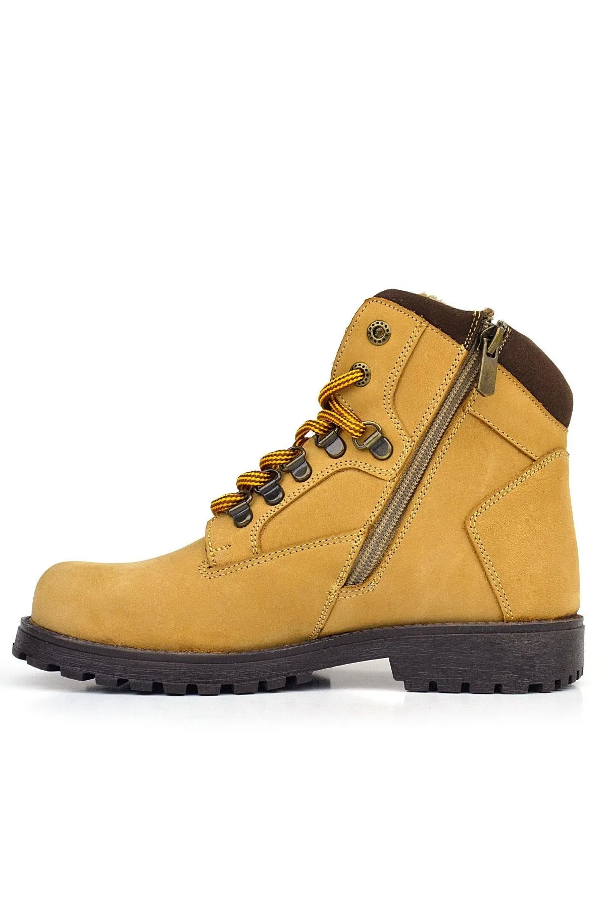 Hakiki Deri Sarı Kahve Bağcıklı Fermuarlı Çocuk Bot