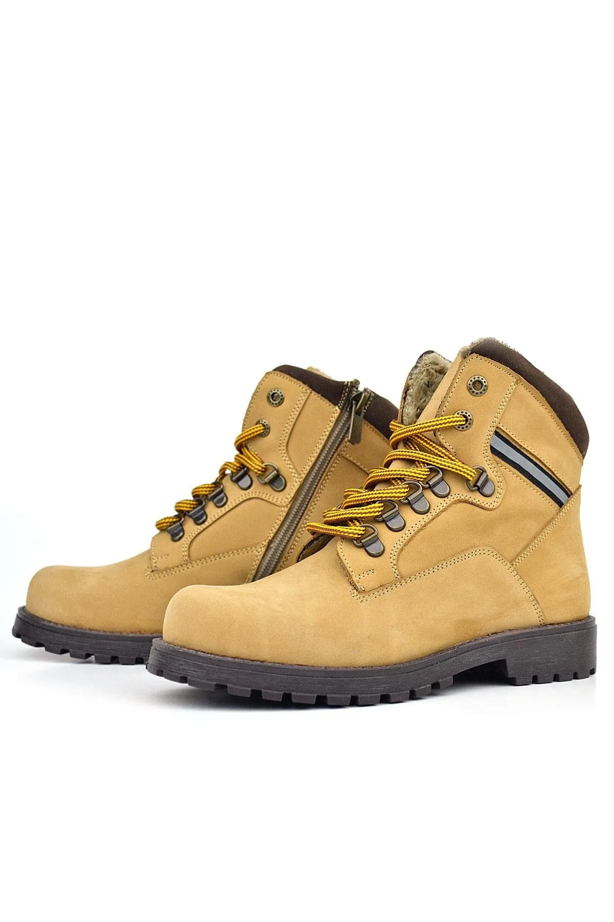 Hakiki Deri Sarı Kahve Bağcıklı Fermuarlı Çocuk Bot