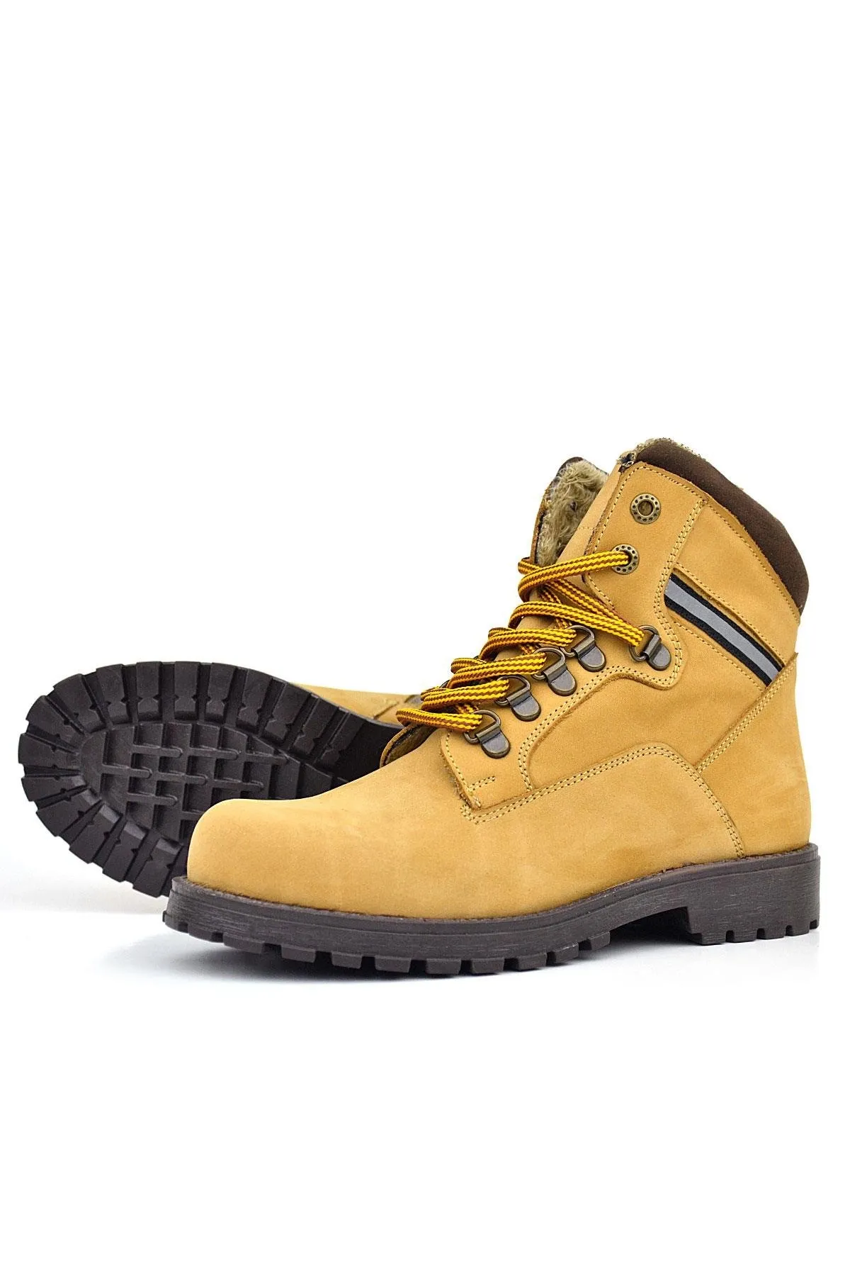 Hakiki Deri Sarı Kahve Bağcıklı Fermuarlı Çocuk Bot