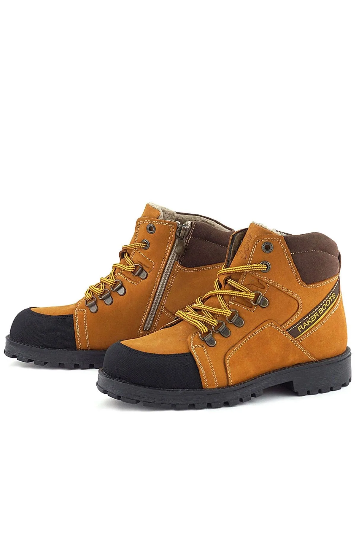 Hakiki Deri Sarı Kahve Bağcıklı Fermuarlı Çocuk Bot