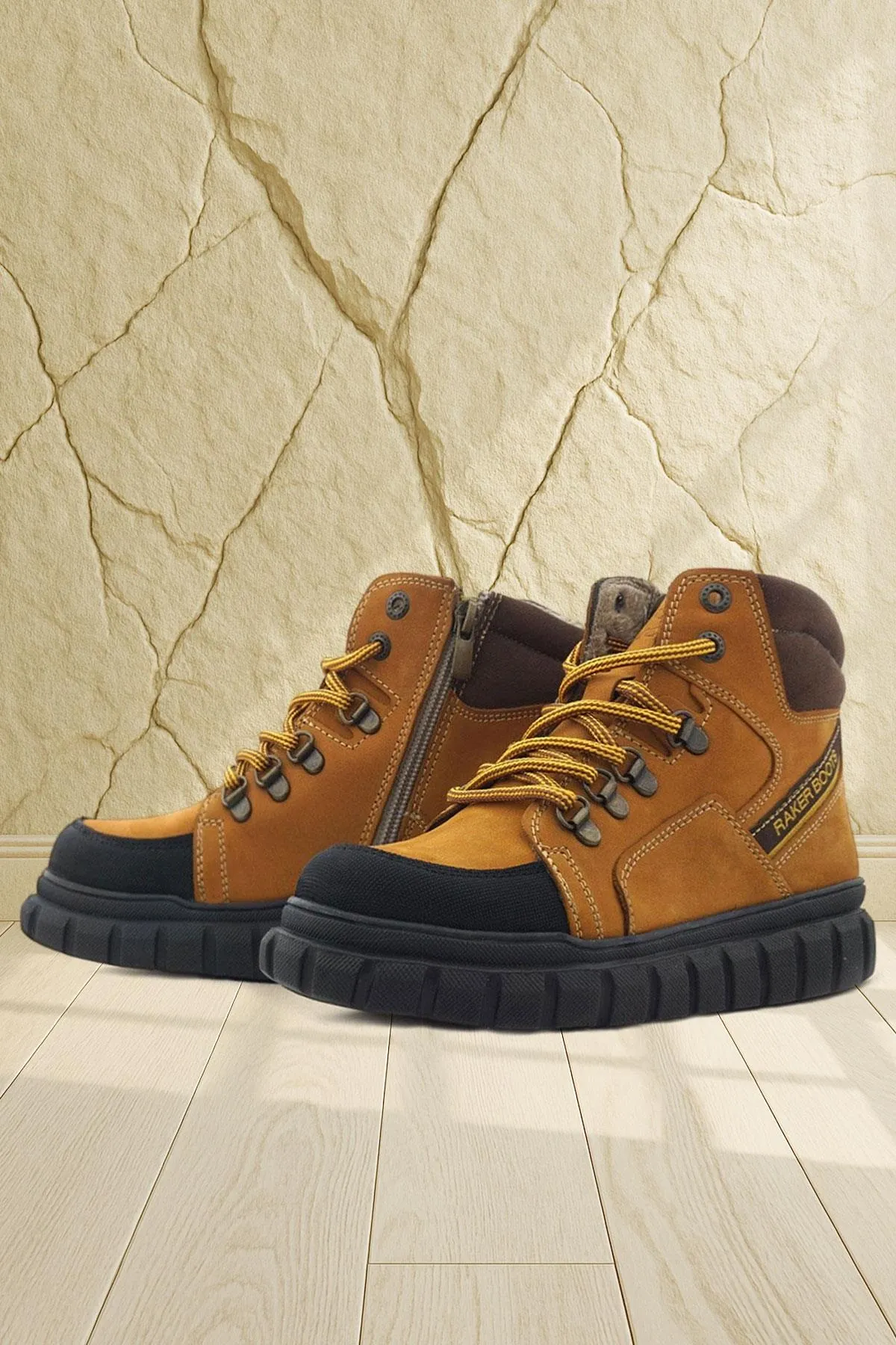 Hakiki Deri Sarı Kahverengi Fermuarlı Erkek Çocuk Bot