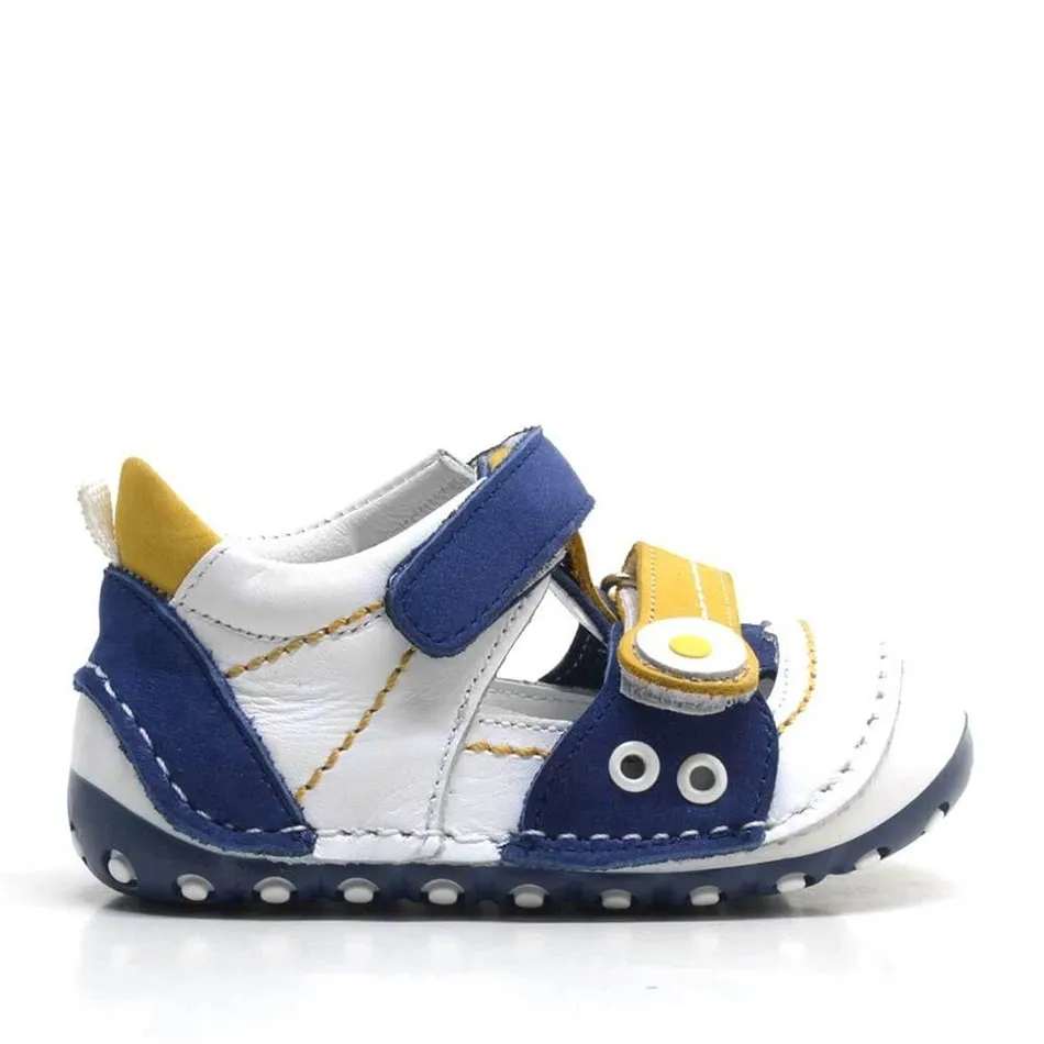 Hakiki Deri Sarı Lacivert Cırtlı Yazlık İlk Adım Ayakkabı