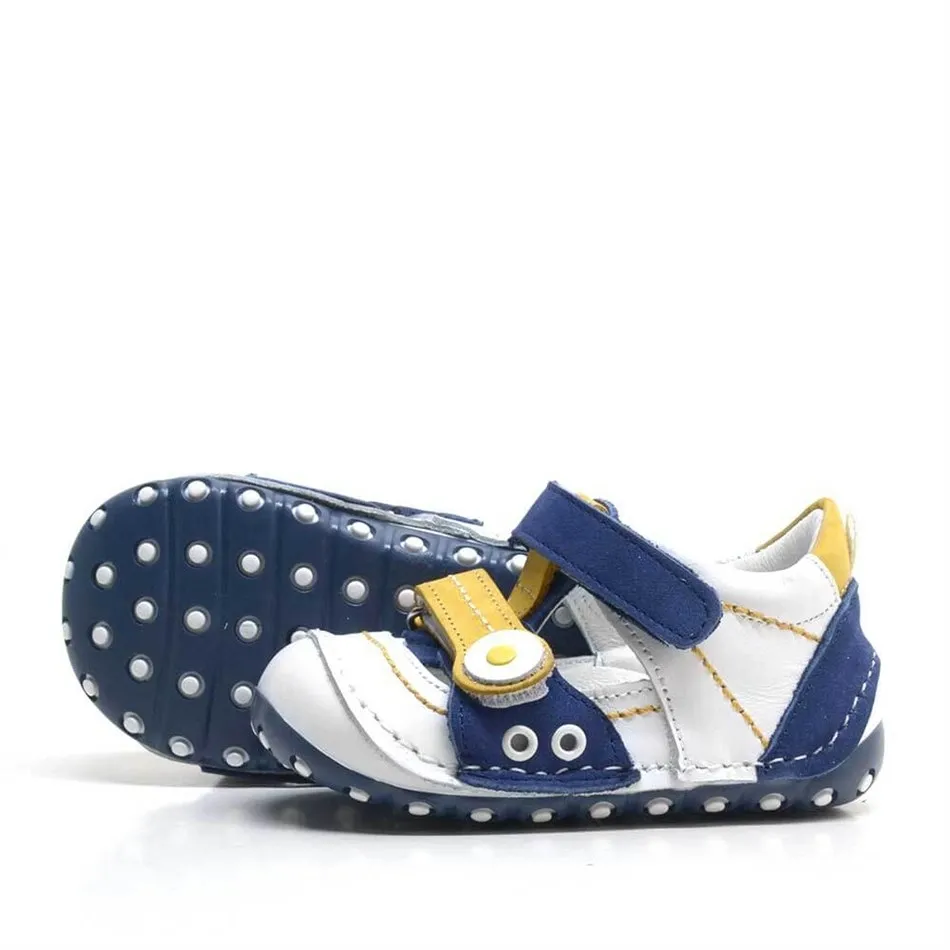 Hakiki Deri Sarı Lacivert Cırtlı Yazlık İlk Adım Ayakkabı