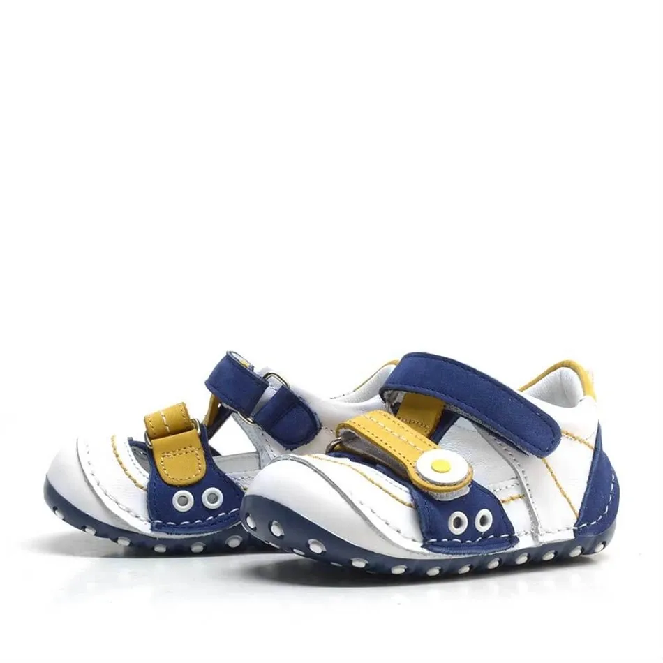 Hakiki Deri Sarı Lacivert Cırtlı Yazlık İlk Adım Ayakkabı