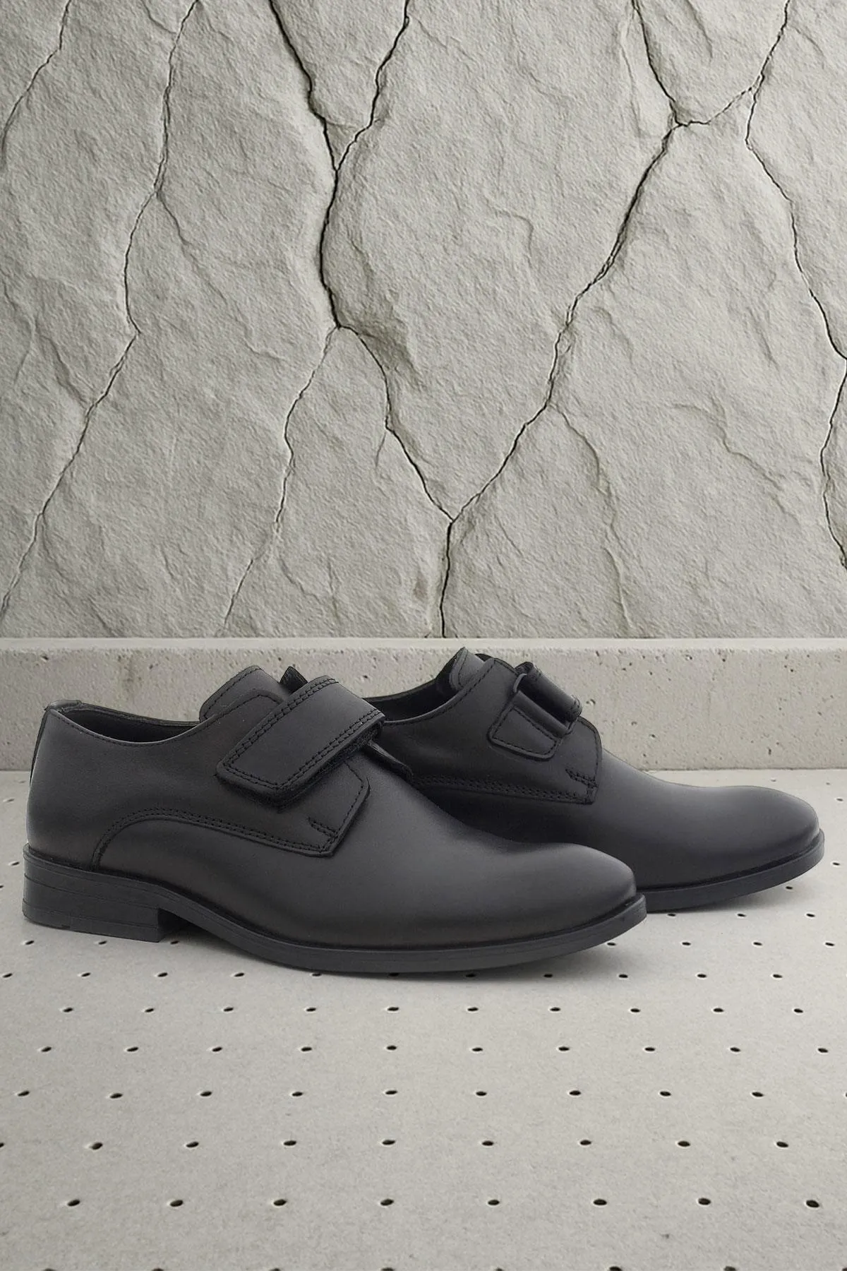 Hakiki Deri Siyah Cilt Cırtlı Oxford Çocuk Ayakkabı