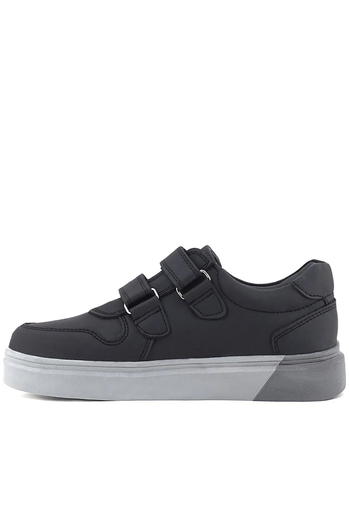 Hakiki Deri Siyah Cilt Gri Tabanlı Cırtlı Erkek Çocuk Sneaker