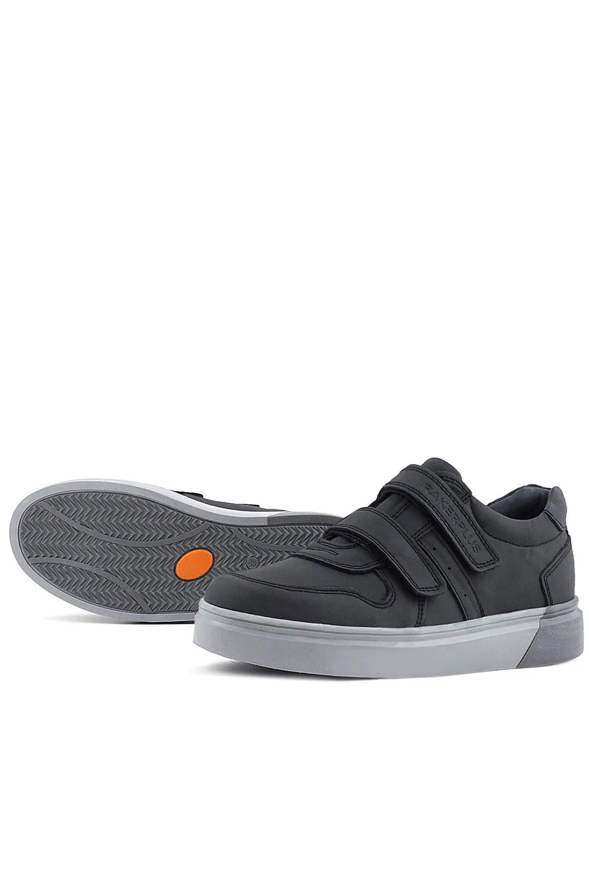 Hakiki Deri Siyah Cilt Gri Tabanlı Cırtlı Erkek Çocuk Sneaker