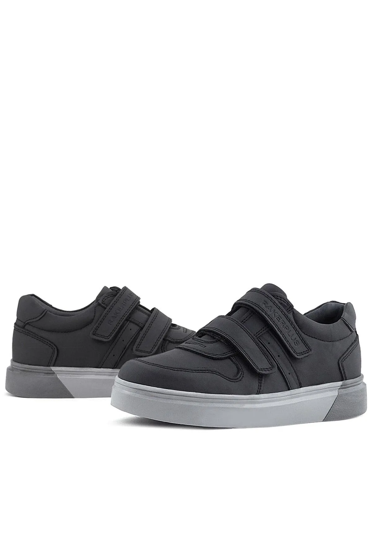 Hakiki Deri Siyah Cilt Gri Tabanlı Cırtlı Erkek Çocuk Sneaker