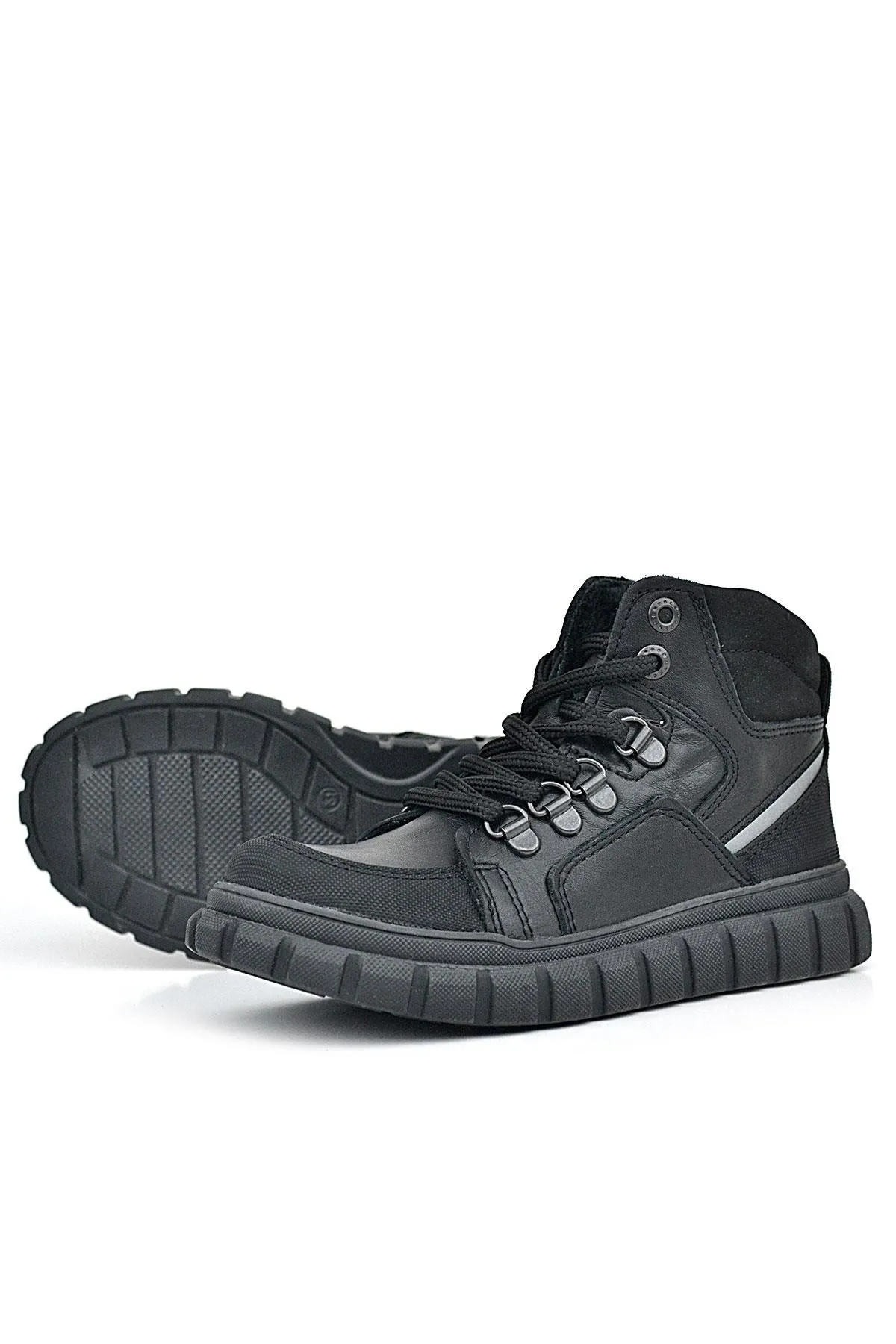 Hakiki Deri Siyah Fermuarlı Siyah Tabanlı Erkek Çocuk Bot