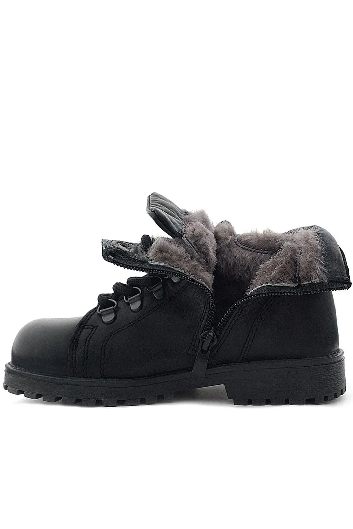 Hakiki Deri Siyah Gerçek Kürklü Bağcıklı Fermuarlı Çocuk Botu