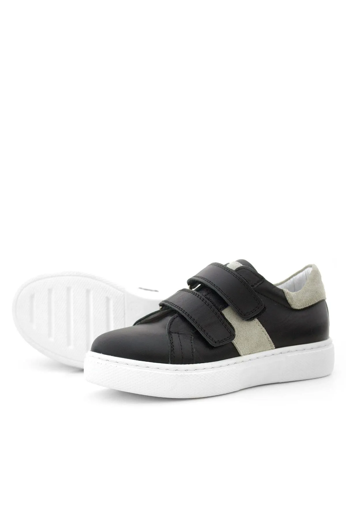 Hakiki Deri Siyah Gri Cırt Cırtlı Çocuk Spor Ayakkabı