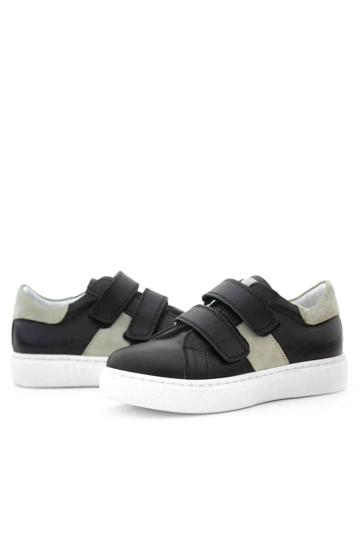 Hakiki Deri Siyah Gri Cırt Cırtlı Çocuk Spor Ayakkabı