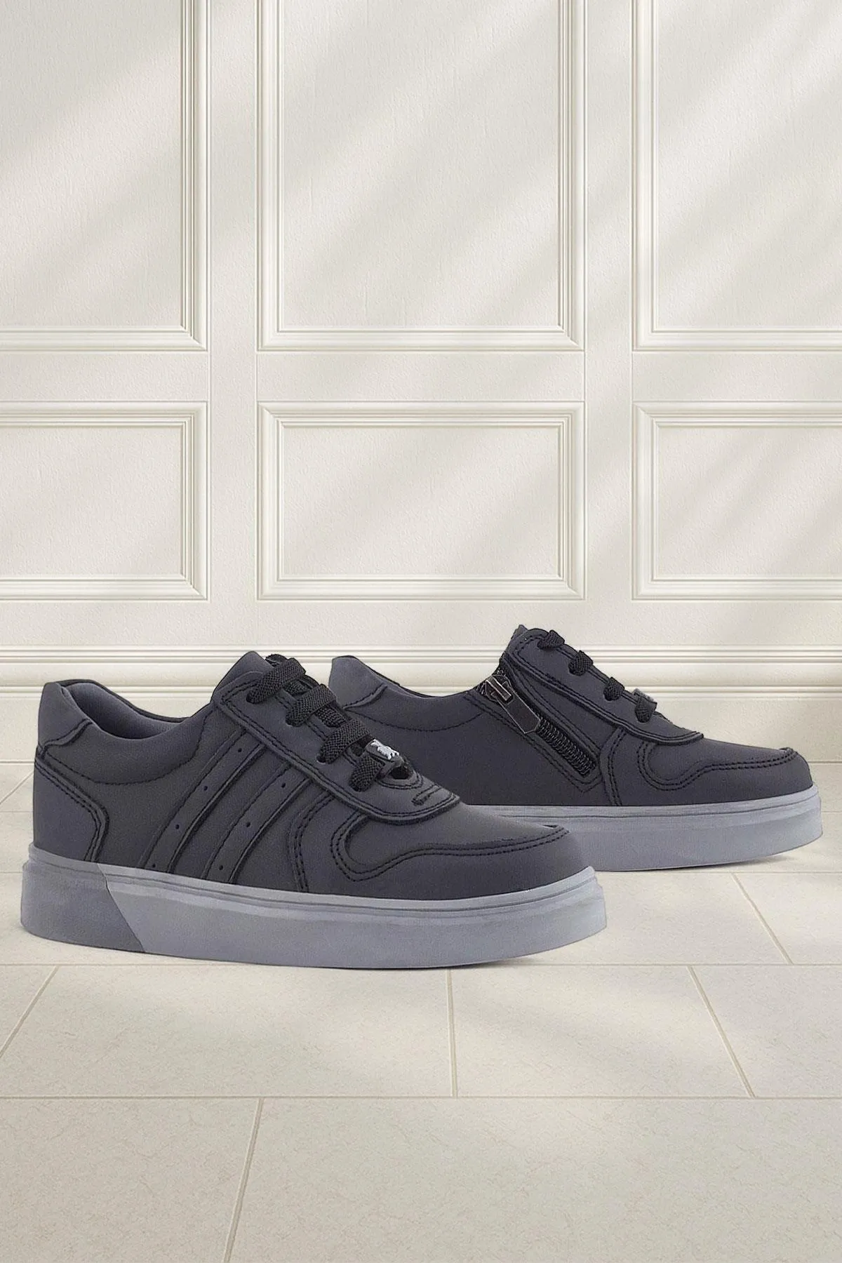 Hakiki Deri Siyah Gri Tabanlı Günlük Erkek Çocuk Okul Ayakkabısı