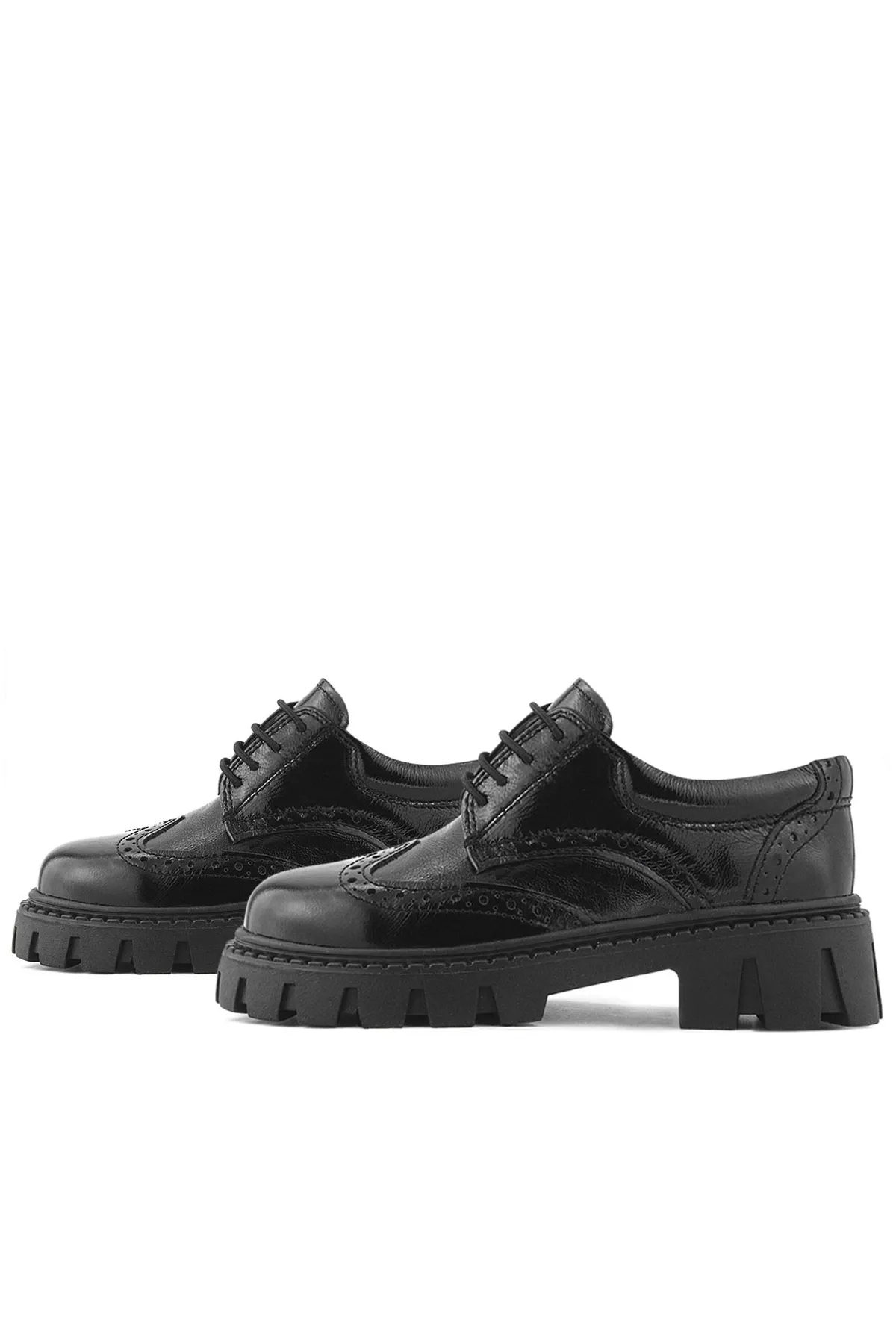 Hakiki Deri Siyah Kırışık Rugan Oxford Çocuk Günlük Ayakkabı