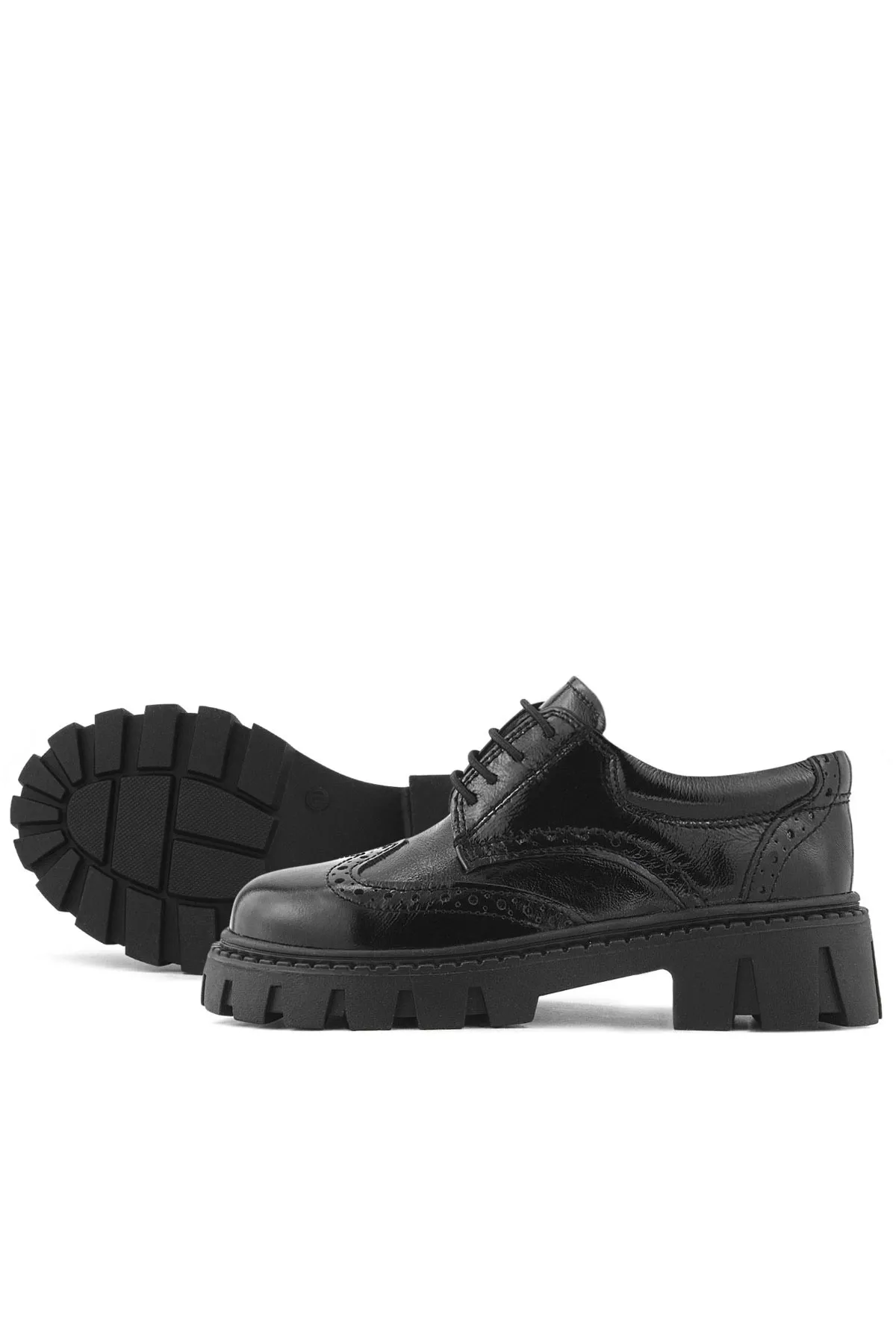 Hakiki Deri Siyah Kırışık Rugan Oxford Çocuk Günlük Ayakkabı