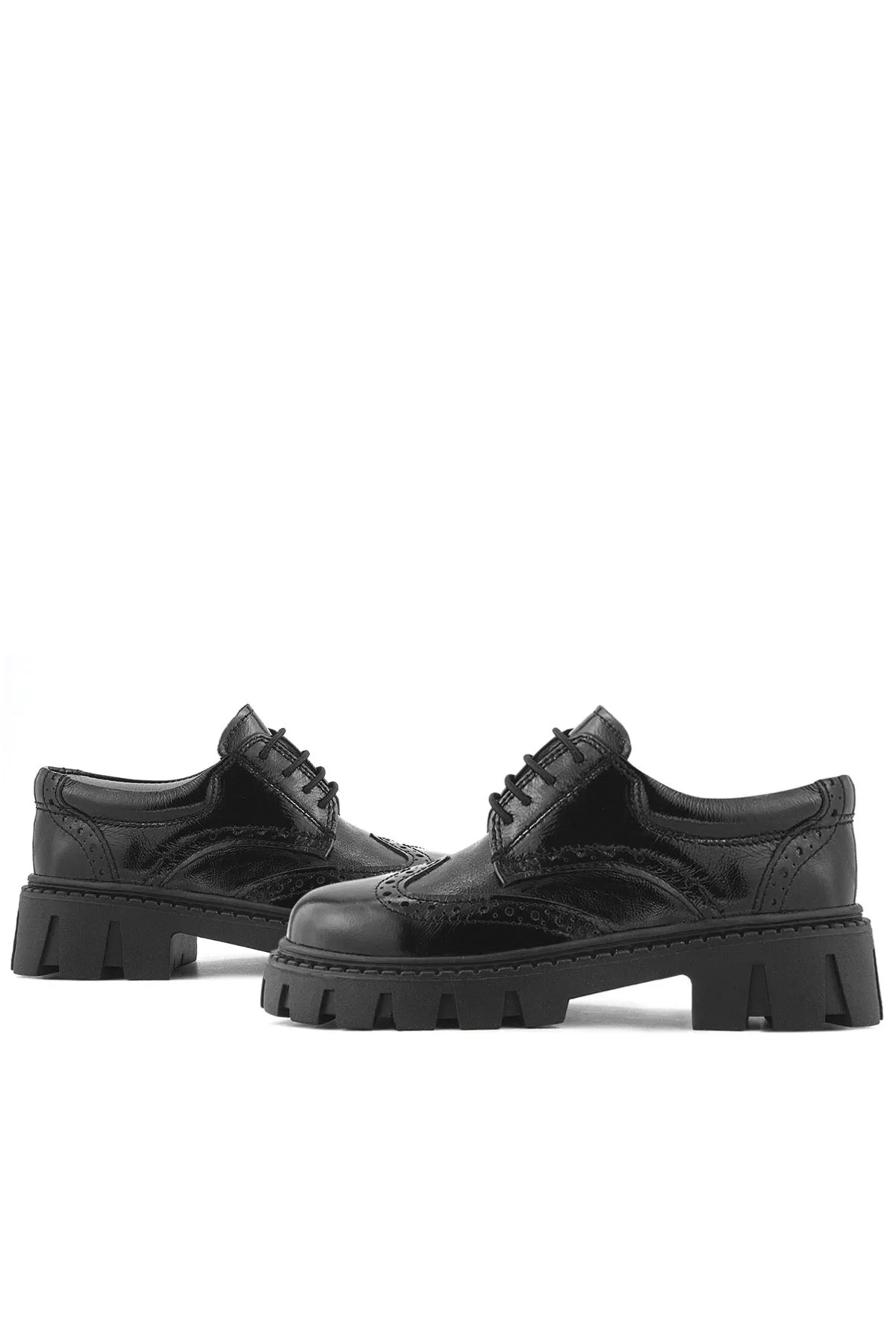 Hakiki Deri Siyah Kırışık Rugan Oxford Çocuk Günlük Ayakkabı