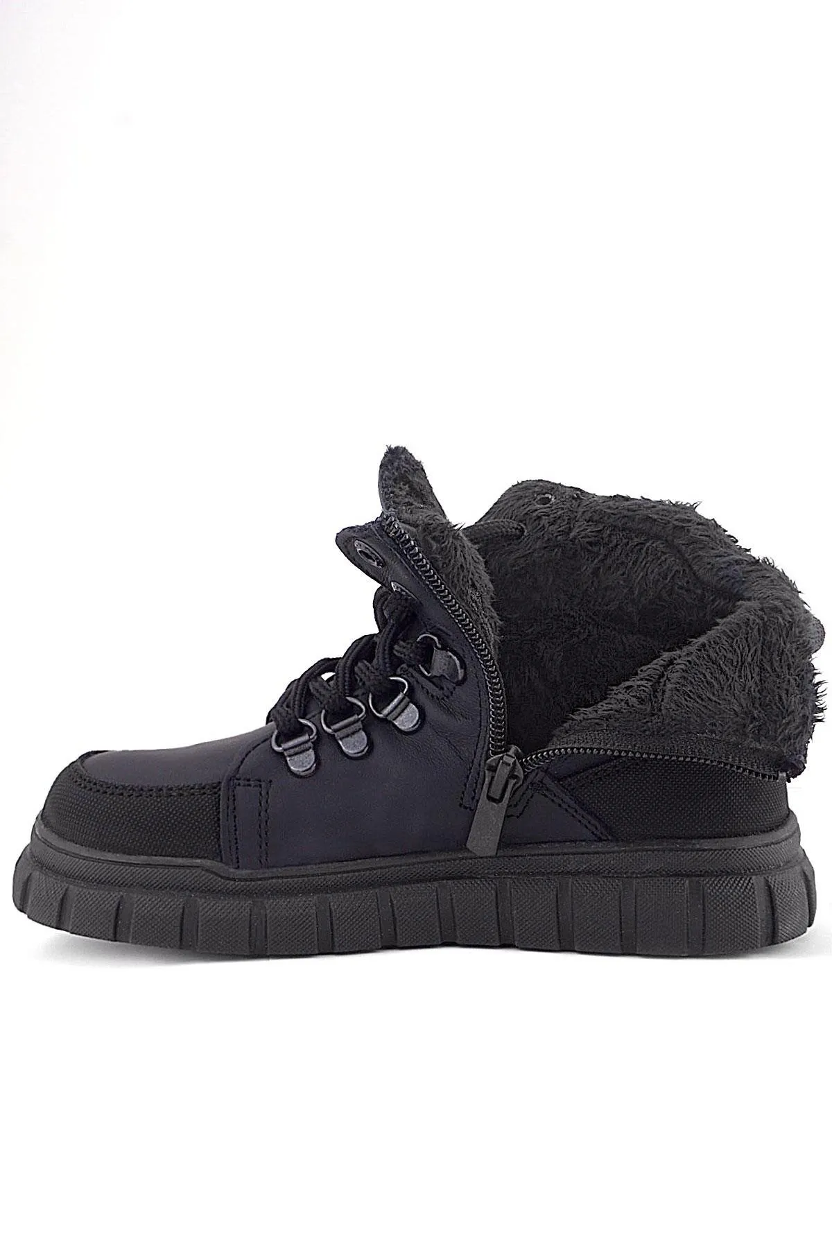 Hakiki Deri Siyah Kırmızı Fermuarlı Erkek Çocuk Bot