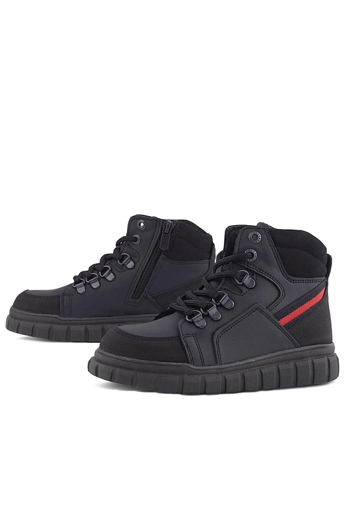 Hakiki Deri Siyah Kırmızı Fermuarlı Erkek Çocuk Bot