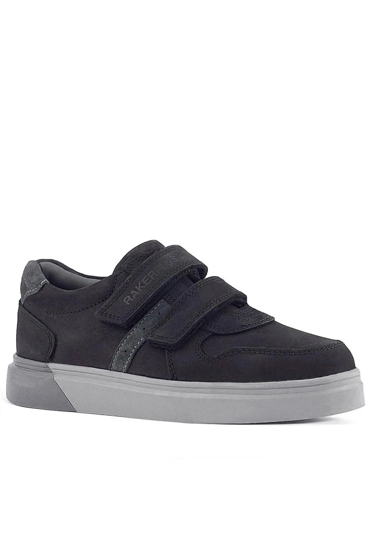 Hakiki Deri Siyah Nubuk Gri Cırtlı Erkek Çocuk Sneaker