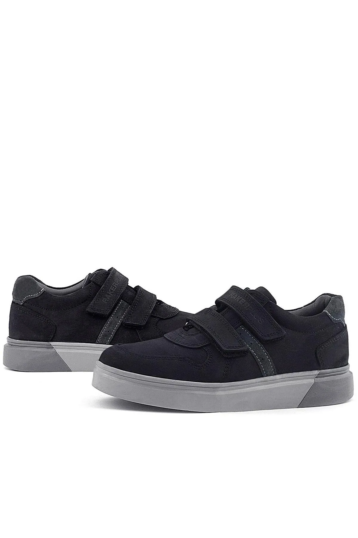 Hakiki Deri Siyah Nubuk Gri Cırtlı Erkek Çocuk Sneaker