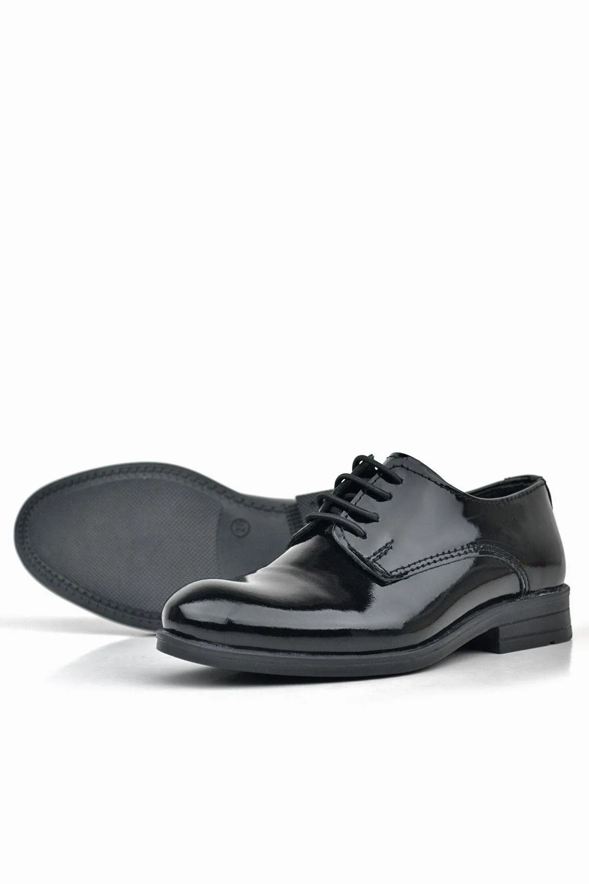 Hakiki Deri Siyah Rugan Bağcıklı Oxford Çocuk Okul Ayakkabısı