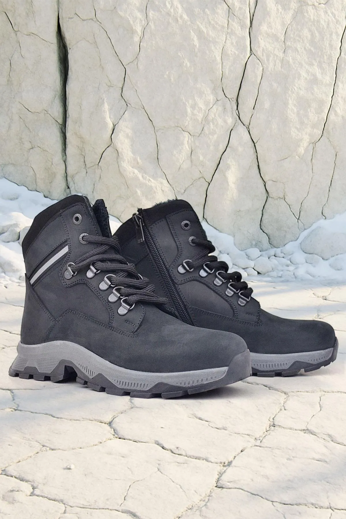 Hakiki Deri Siyah Süet Bağcıklı Fermuarlı Trekking Çocuk Bot