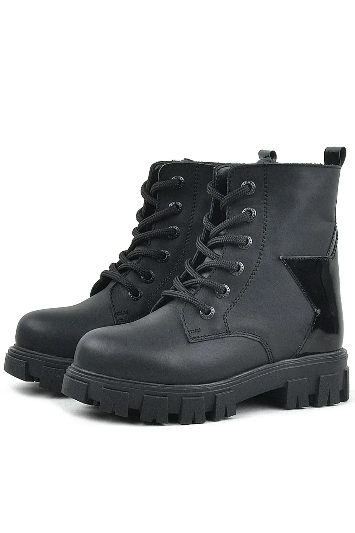 Hakiki Deri Siyah Yıldız Detaylı Kız Çocuk Bot