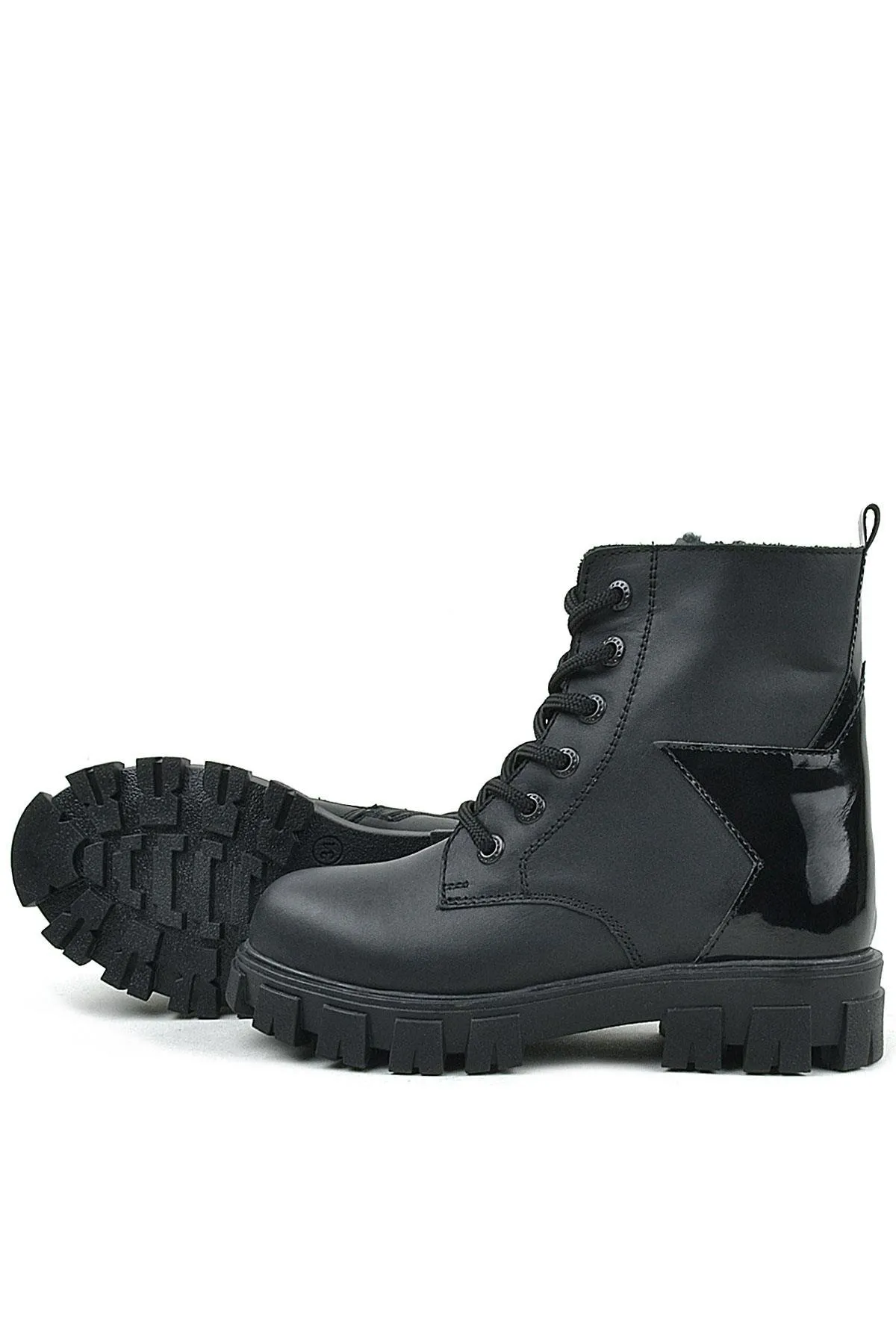 Hakiki Deri Siyah Yıldız Detaylı Kız Çocuk Bot