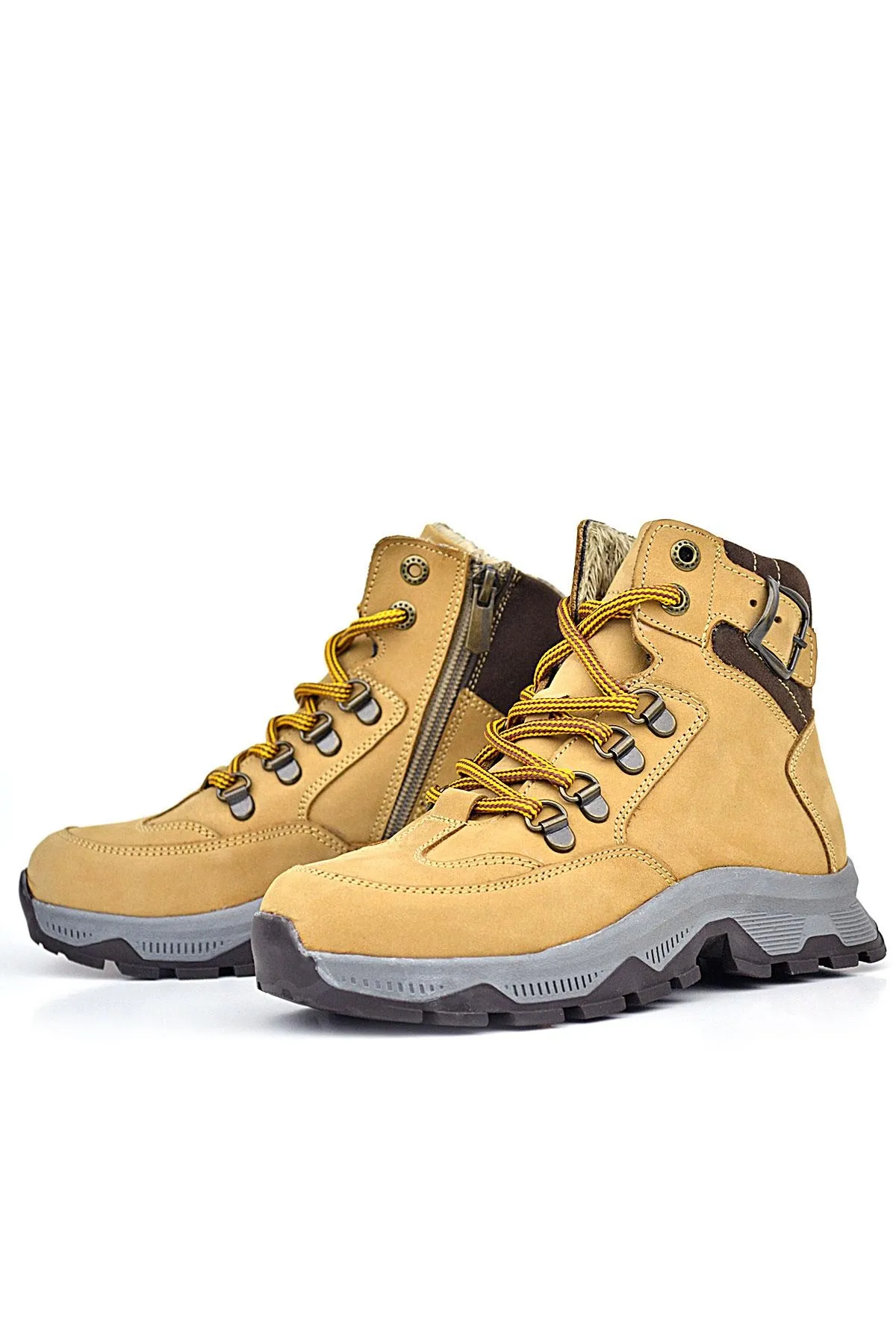 Hakiki Deri Taba Bağcıklı Fermuarlı Trekking Çocuk Bot