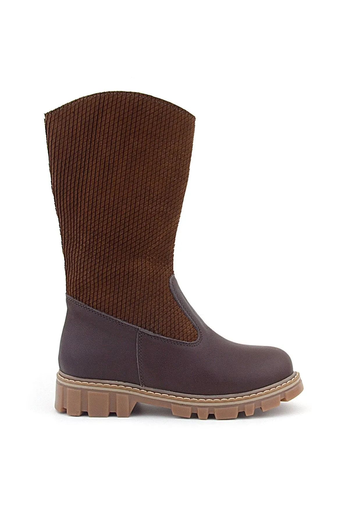 Hakiki Deri Taba Kahve Fermuarlı Uzun Kız Çocuk Çizme