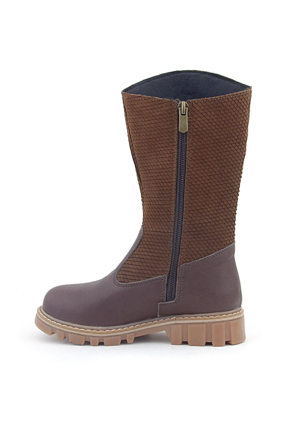 Hakiki Deri Taba Kahve Fermuarlı Uzun Kız Çocuk Çizme