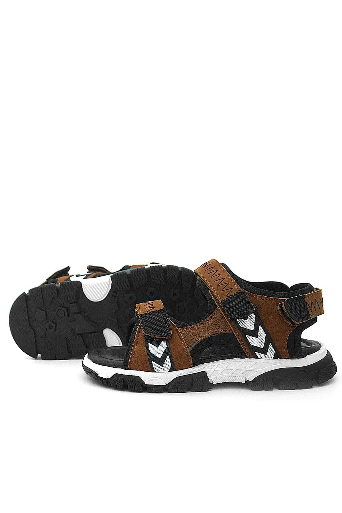 Hakiki Deri Taba Siyah Cırt Cırtlı Erkek Çocuk Sandalet