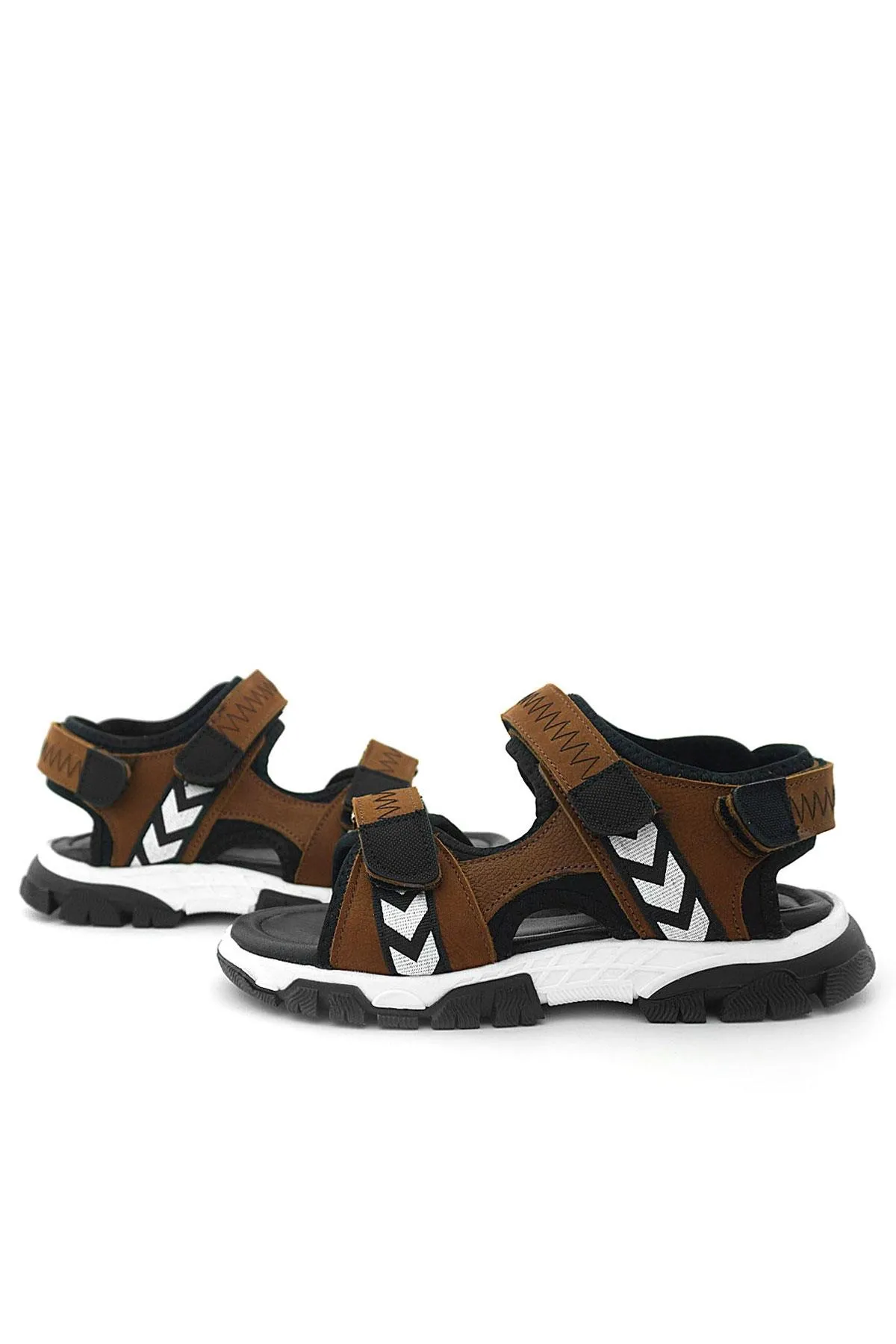 Hakiki Deri Taba Siyah Cırt Cırtlı Erkek Çocuk Sandalet