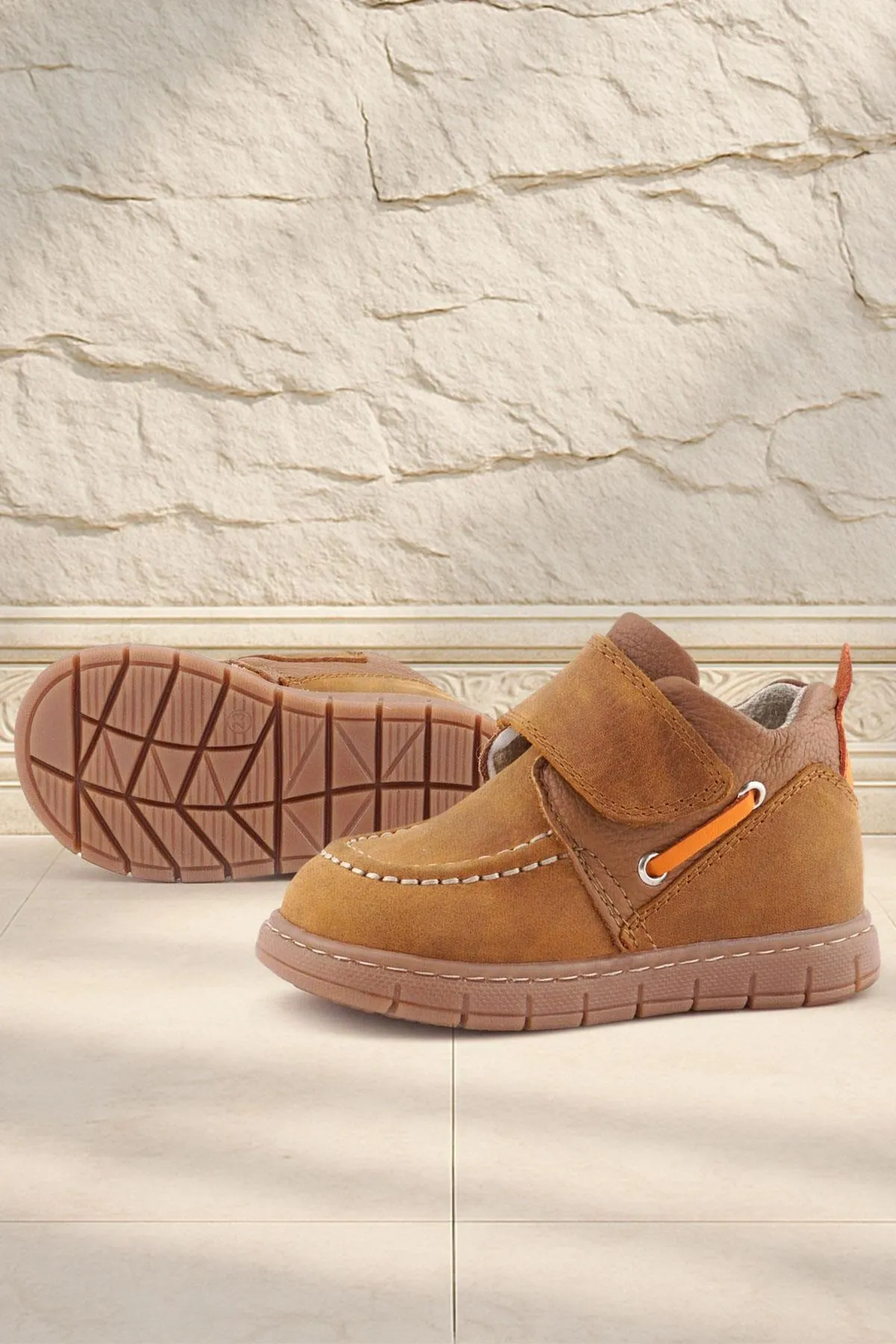 Hakiki Deri Taba Turuncu Cırt Cırtlı Bebek Bot